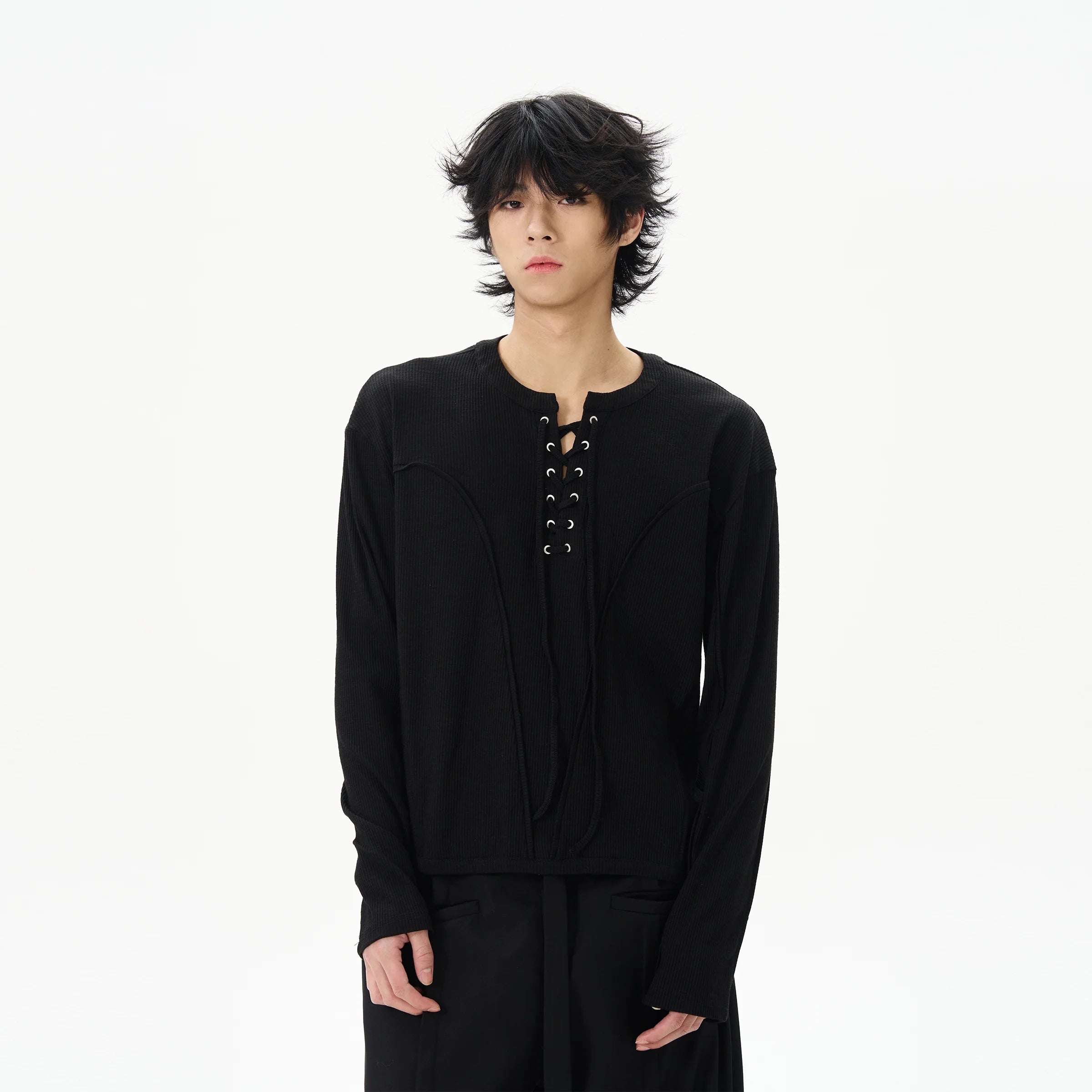 White Linen Lace-Up Henley Shirt