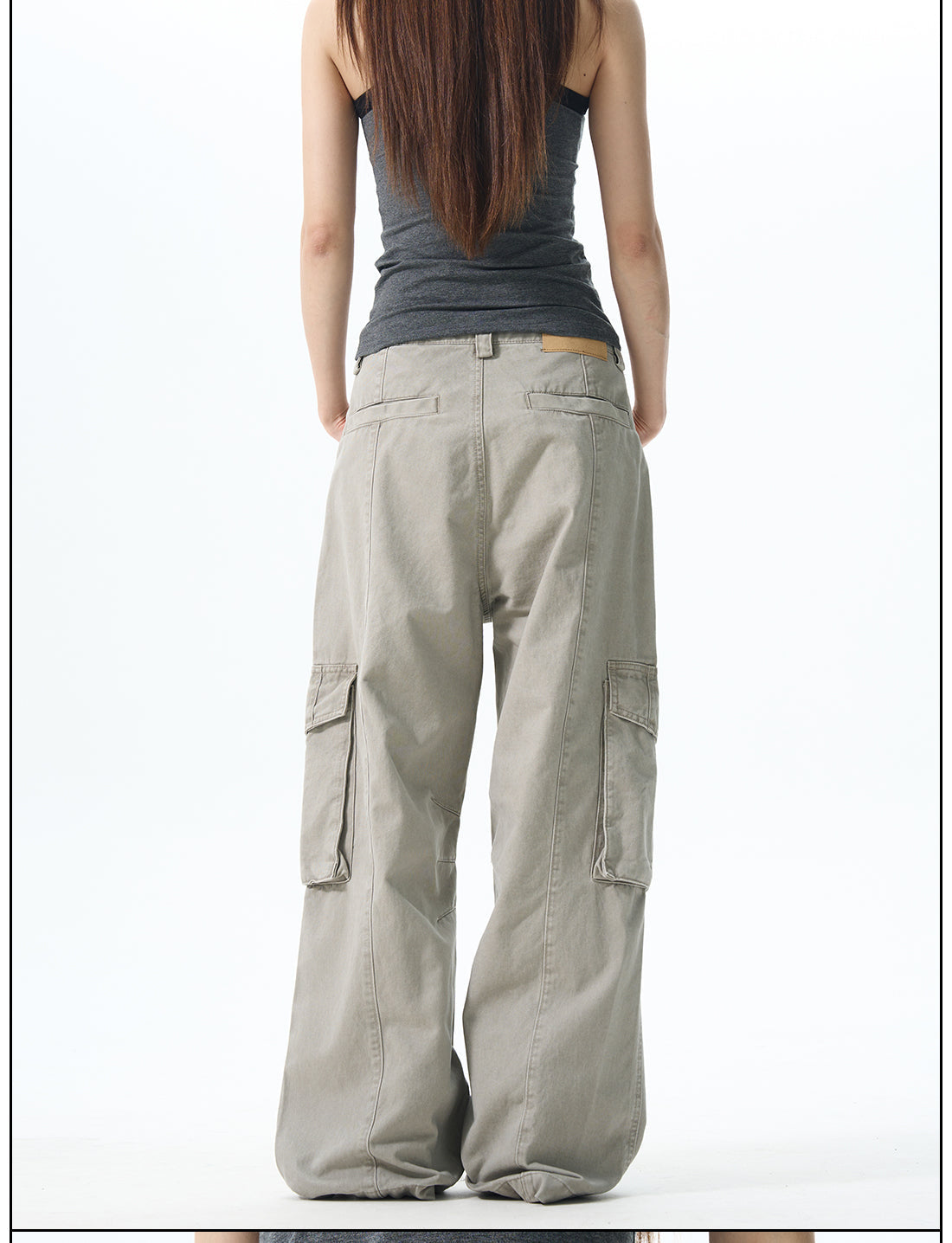 Wide Leg Cargo Pants in Beige & Black