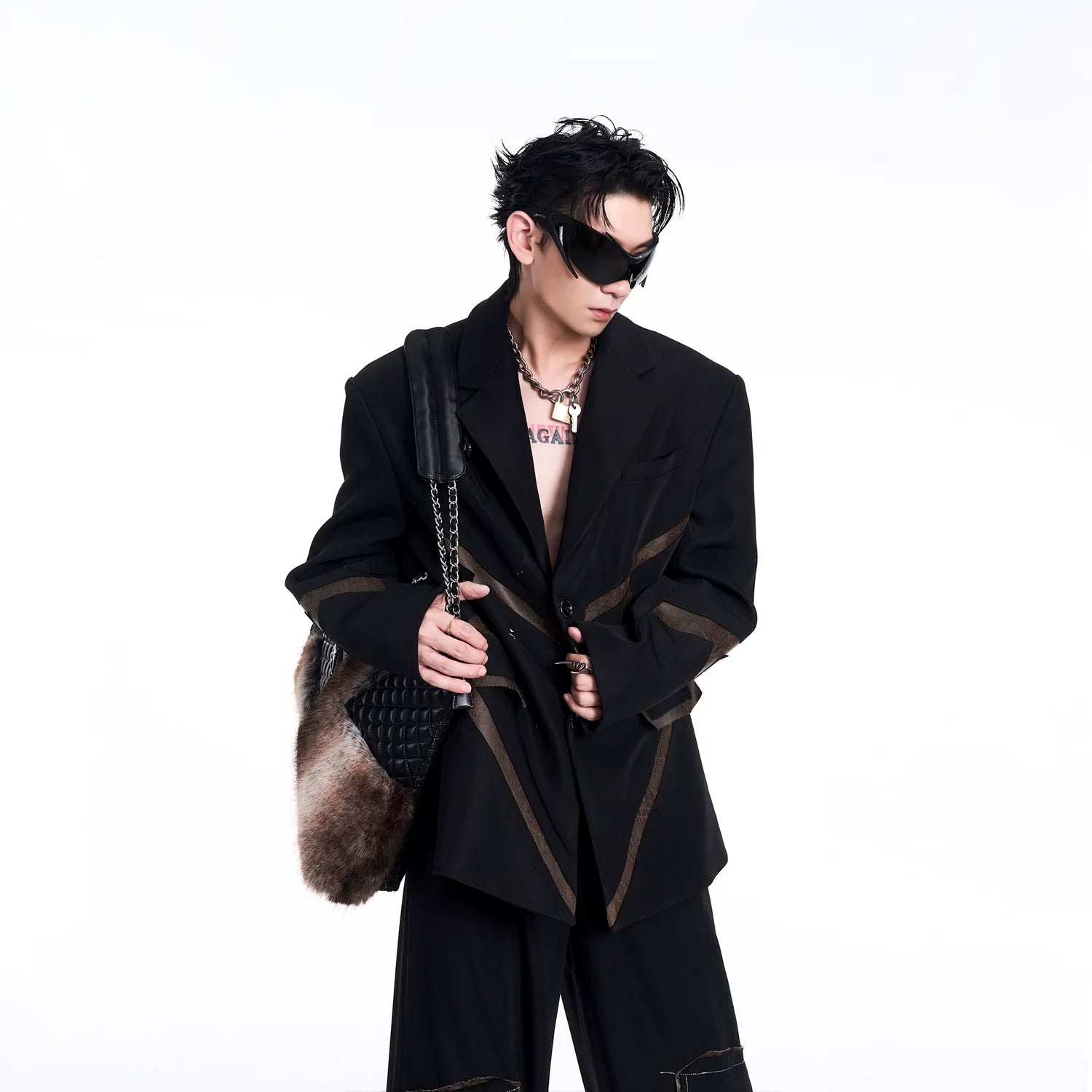 Leather Mix Oversize Double Jacket & Wide Leg Cargo Trousers Setup
