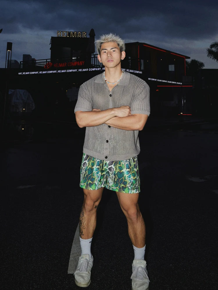 Green Snake Print Swim Shorts