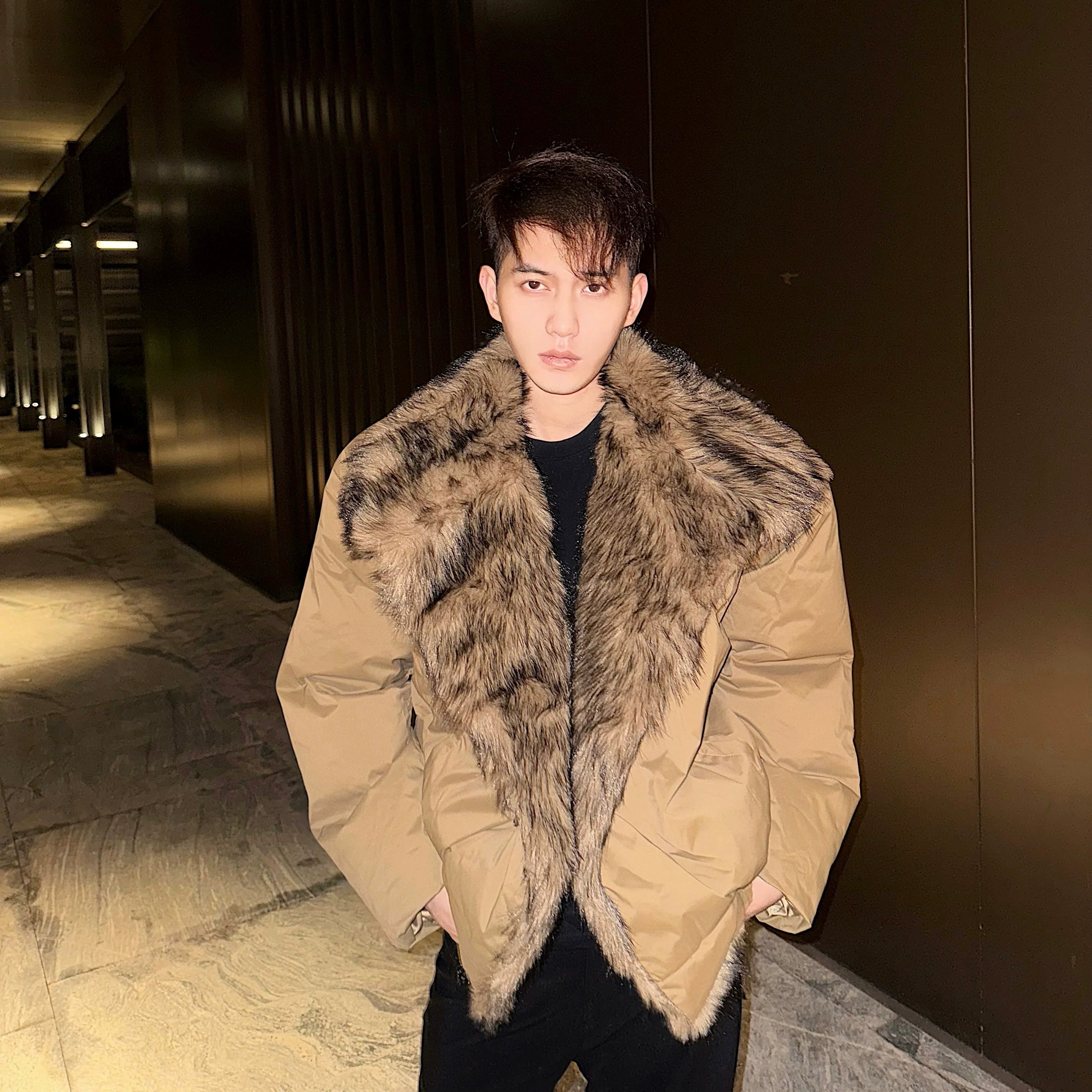 Black Bomber Jacket with Faux Fur Lapel