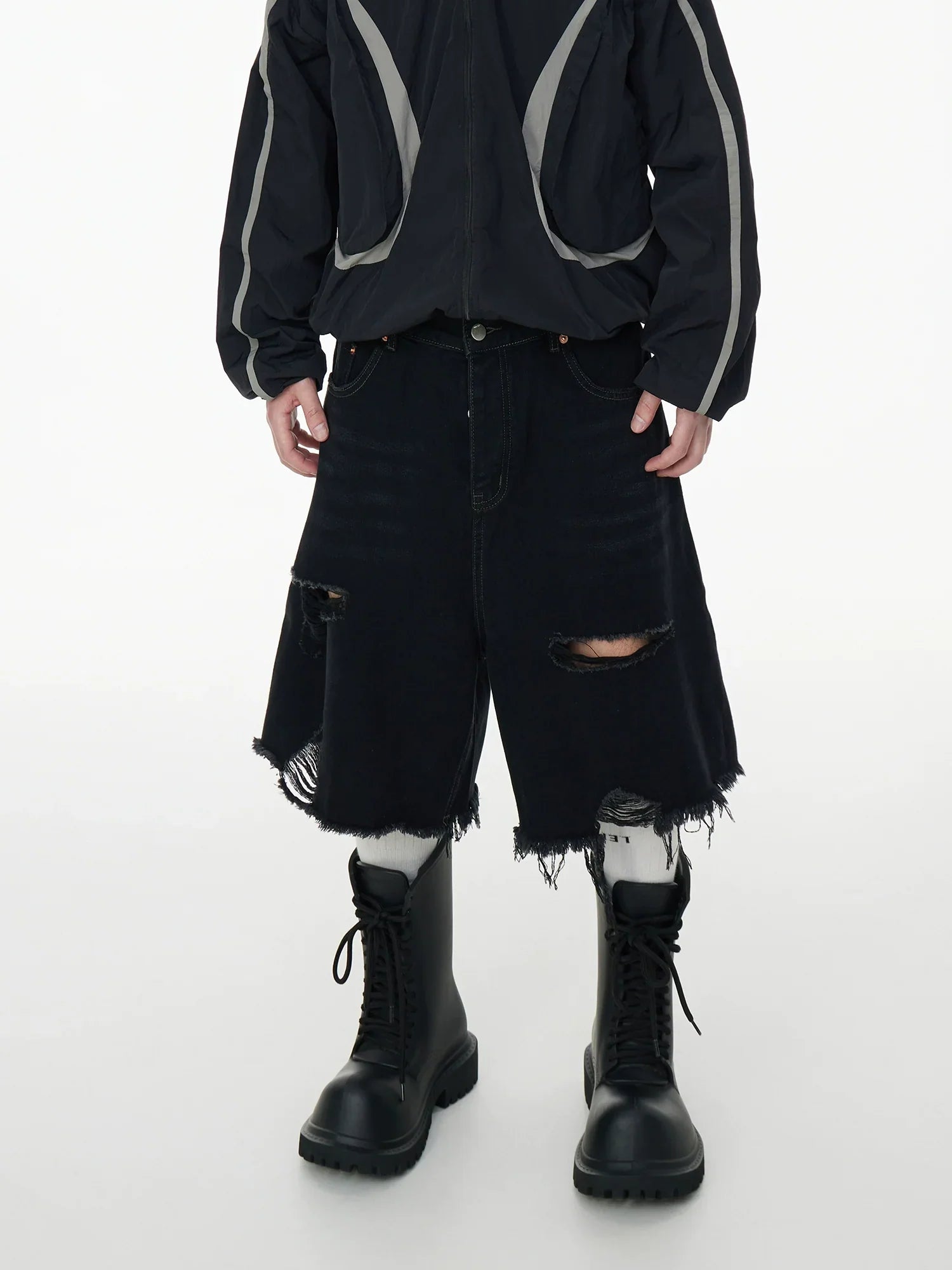 Distressed Black Denim Jorts