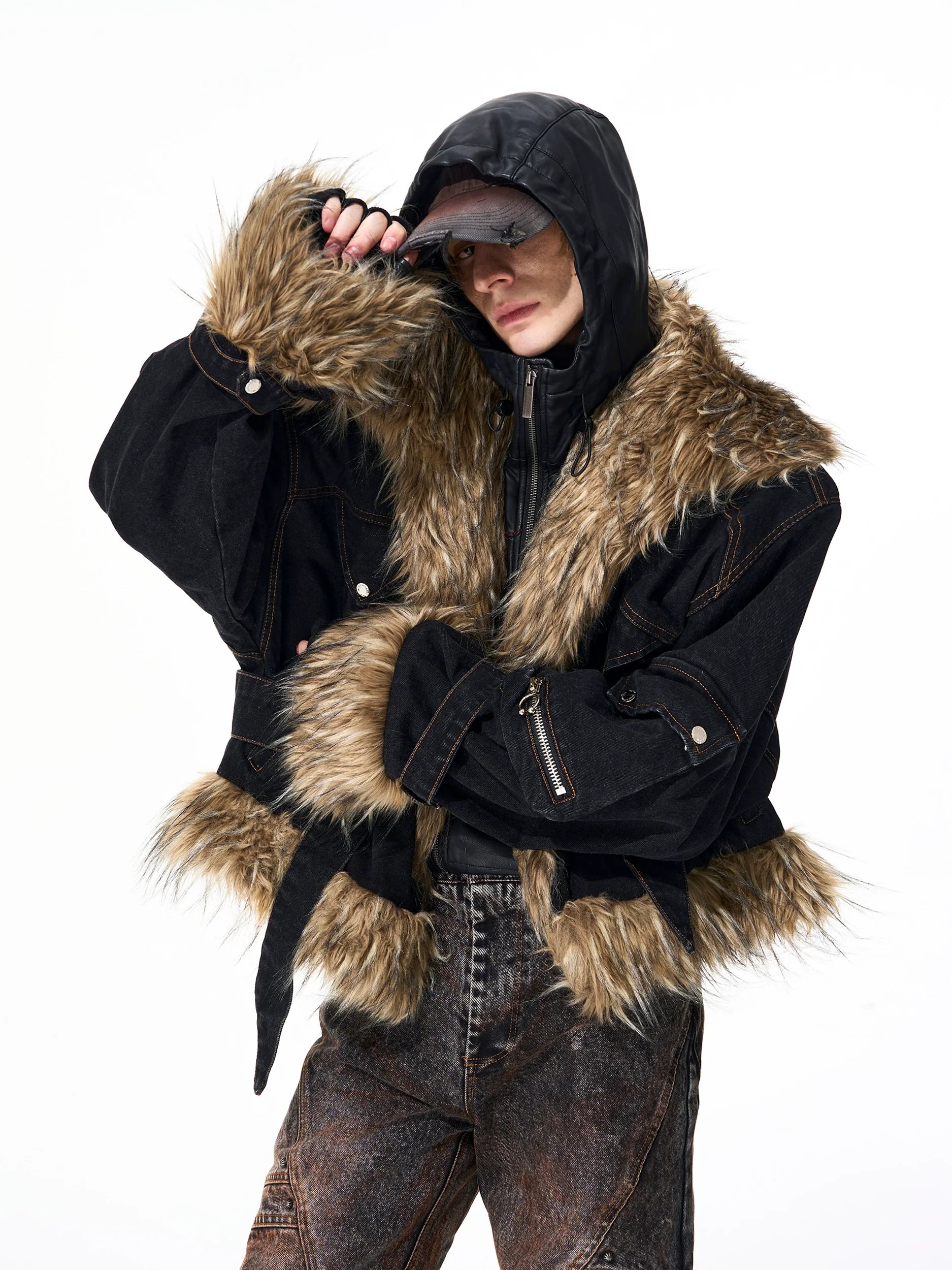 Black Denim Faux Fur Trim Belted Jacket