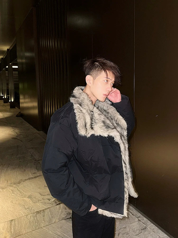 Black Bomber Jacket with Faux Fur Lapel