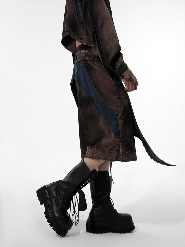 Deconstructed Patchwork Denim Sweatshirt Tank Top and Pants Setup