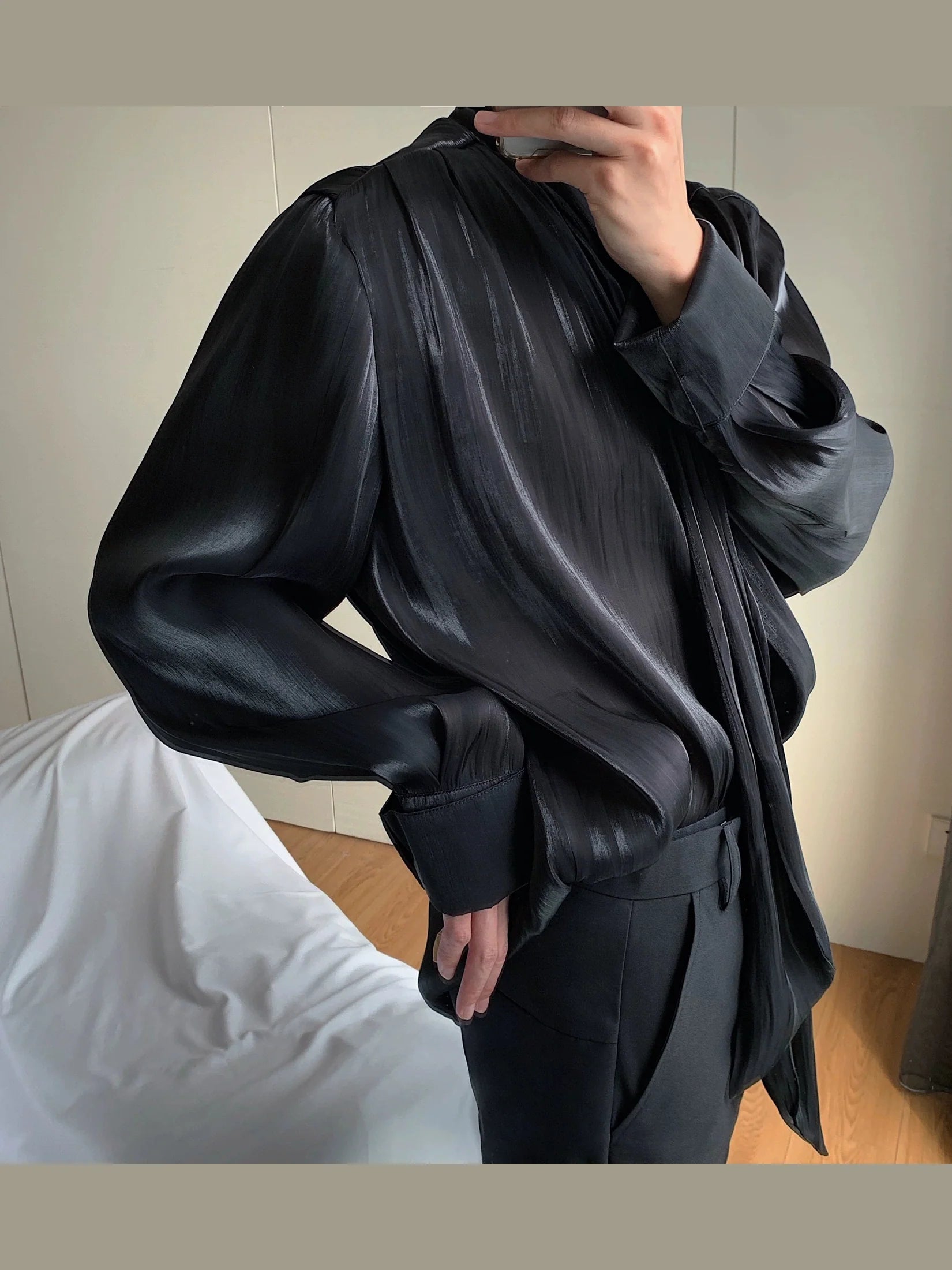 Black Draped Satin Wrap Blouse Top