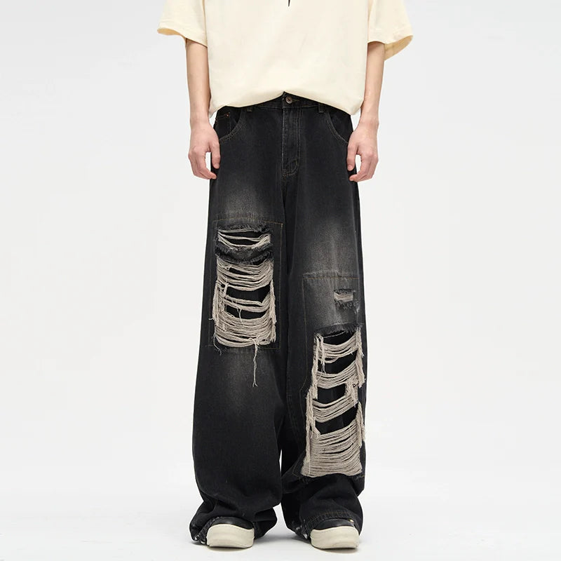 Dripped Panels Wide Leg Baggy Jeans