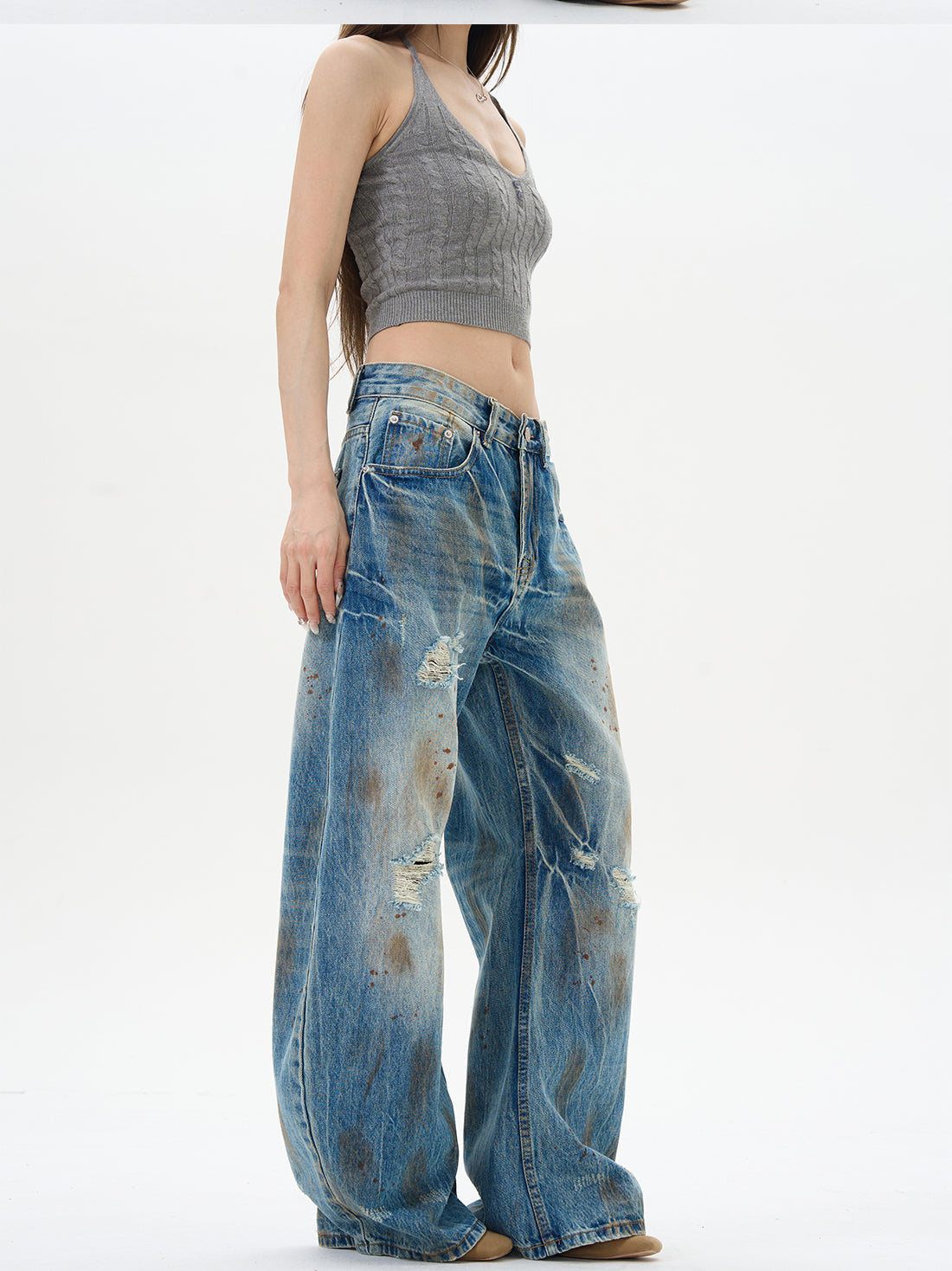 Distressed Wide Leg Denim Jeans