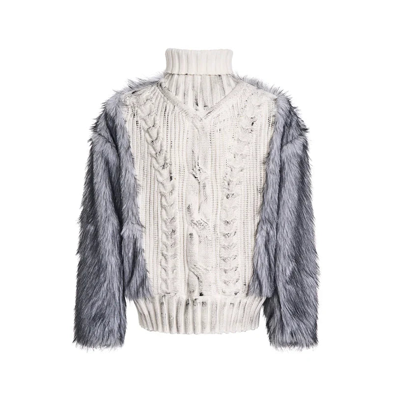Cable Knit Fur-Sleeve Turtleneck Sweater