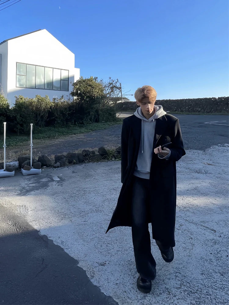 Long Black Wool Coat with Hoodie Layering