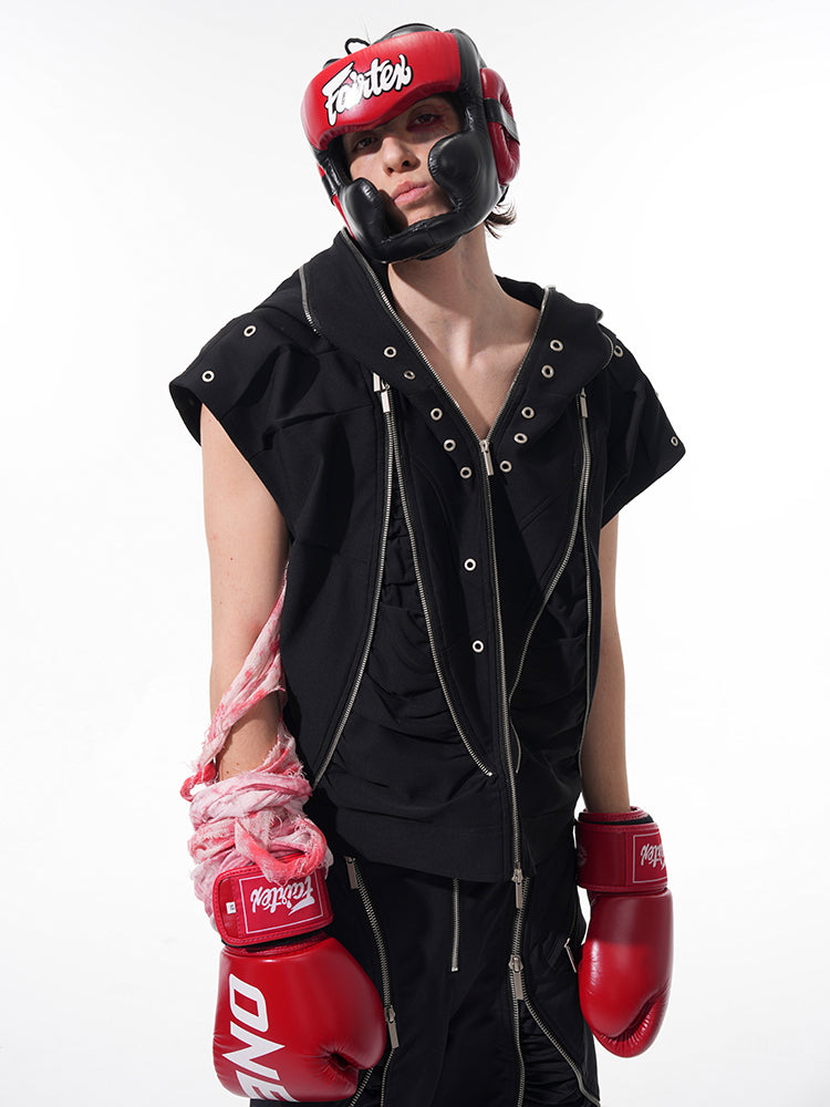 Black Zip-Detail Fighter Jacket and Zipper Pants Setup