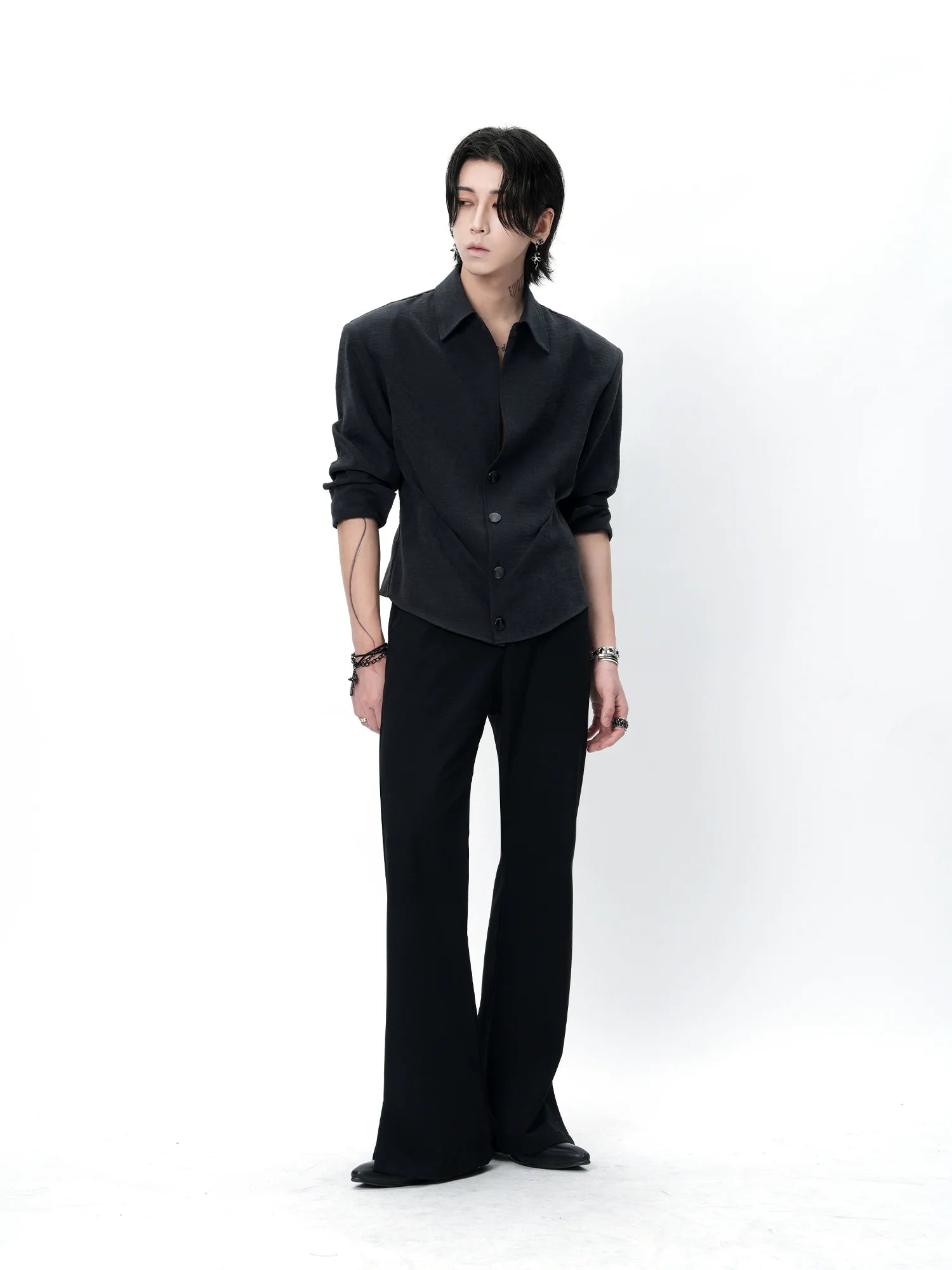 Black Sculpted Waist Button-Up Shirt