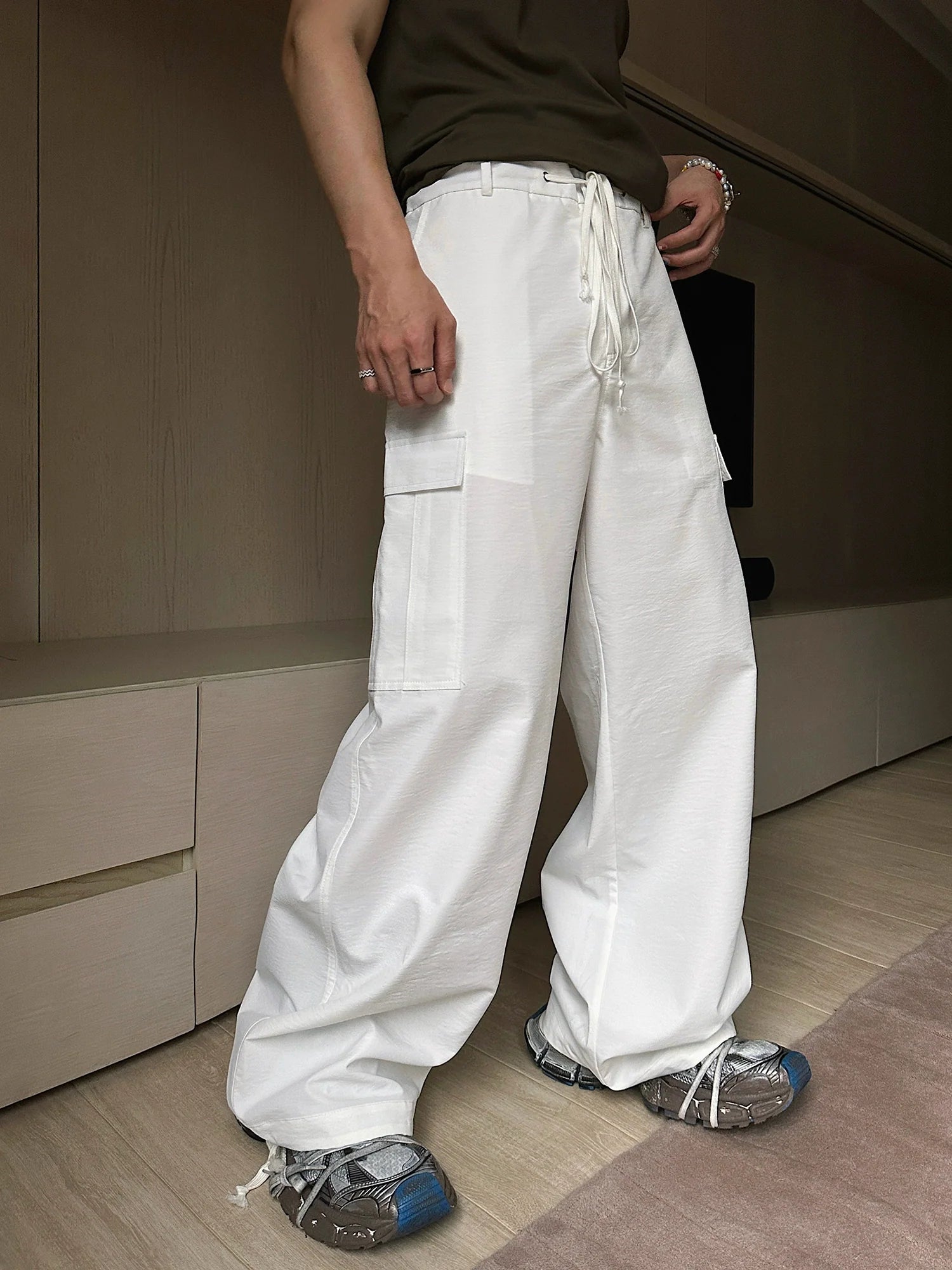 White Wide Leg Cargo Drawstring Pants