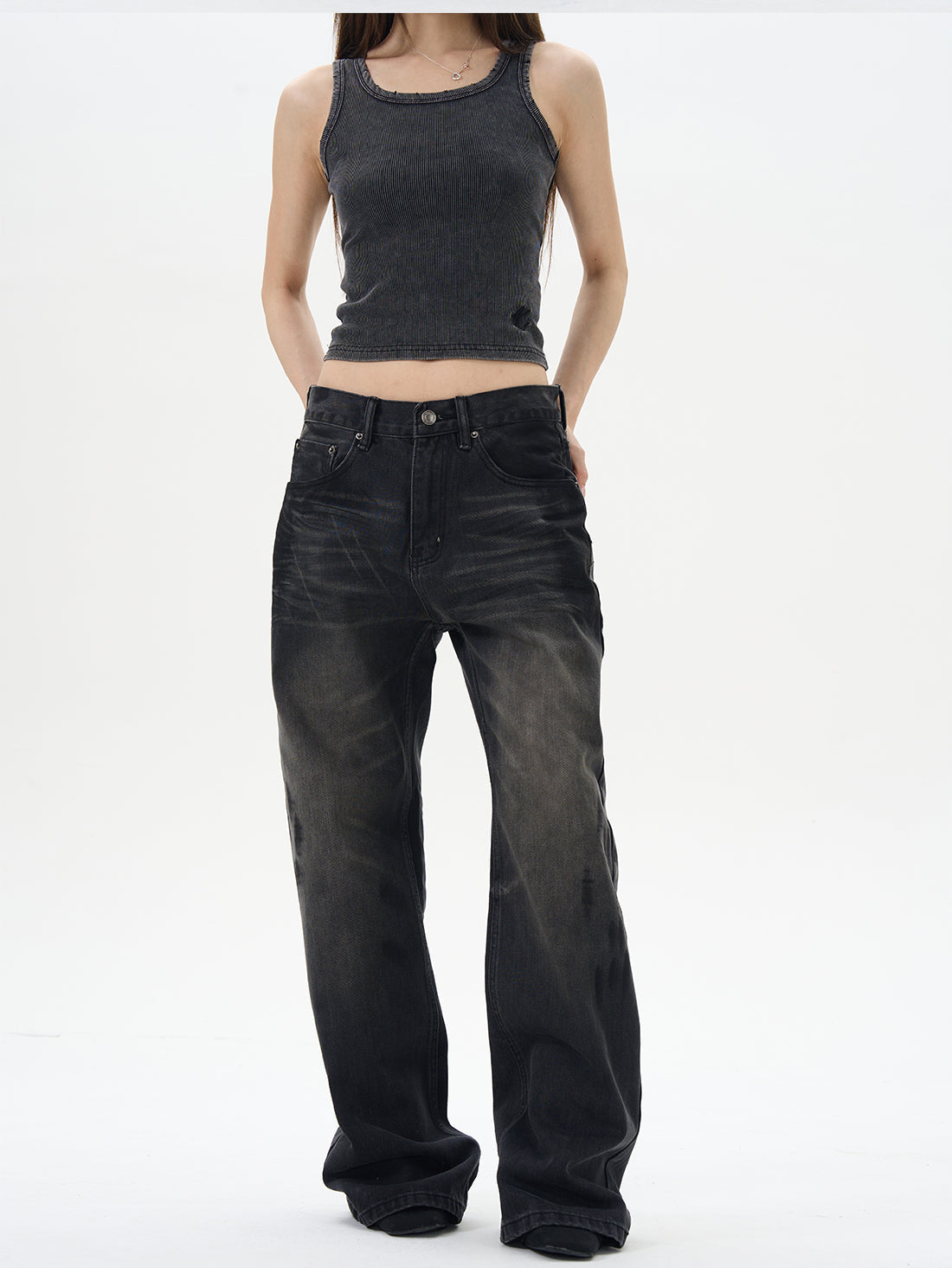 Washed Black Straight Loose Jeans