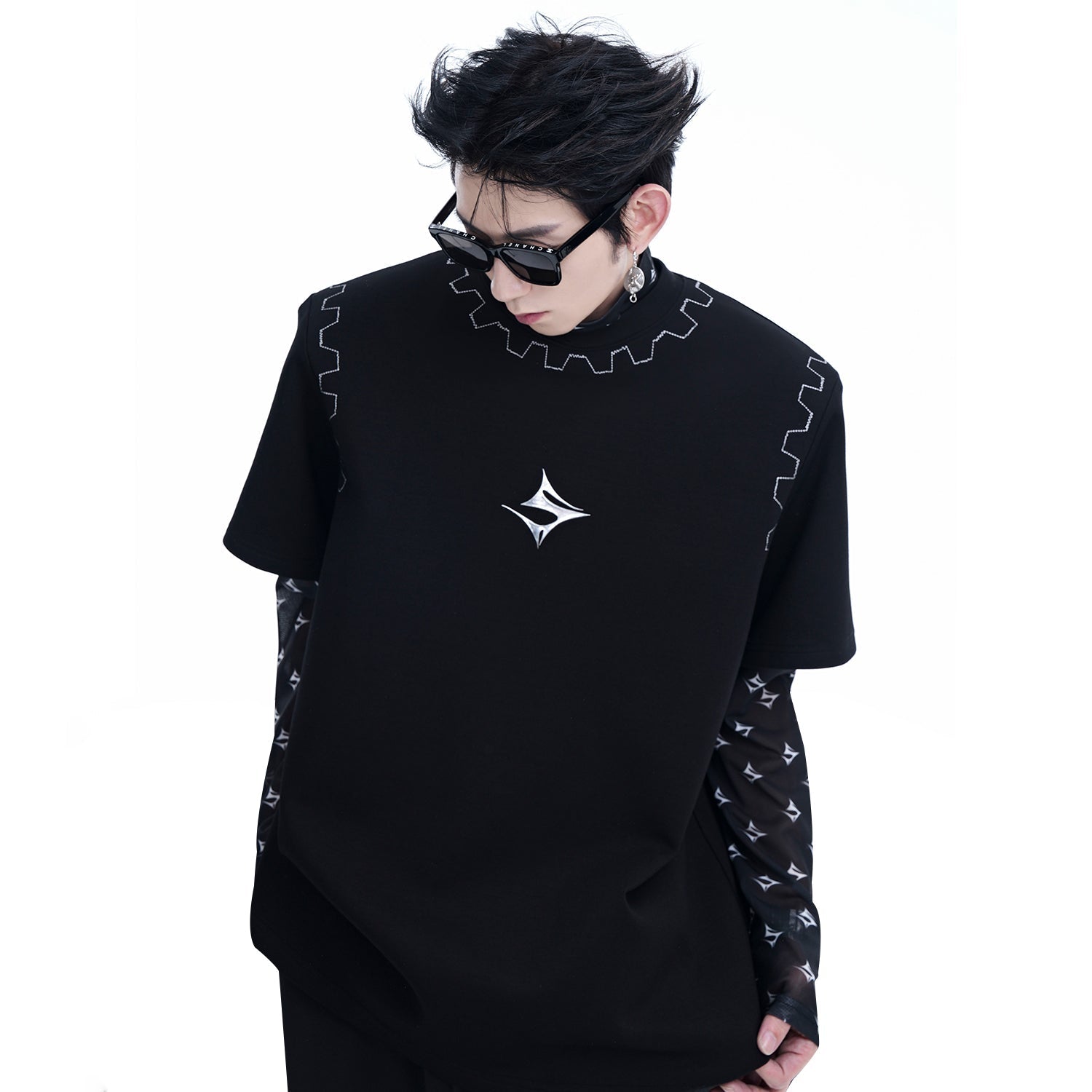 Mock Neck Layered Top with Geometric Pattern Details