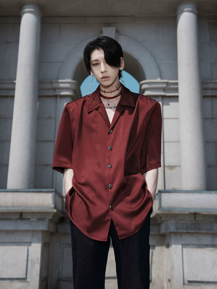 반소매 새틴 큐반 셔츠