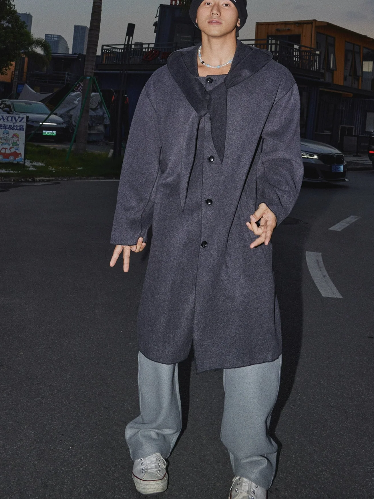 미드나이트 드레이프 롱라인 울 코트
