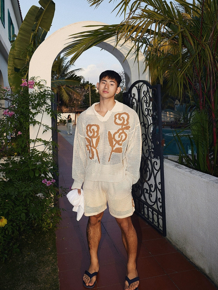 Cream Mesh Print Sweater and Shorts Set