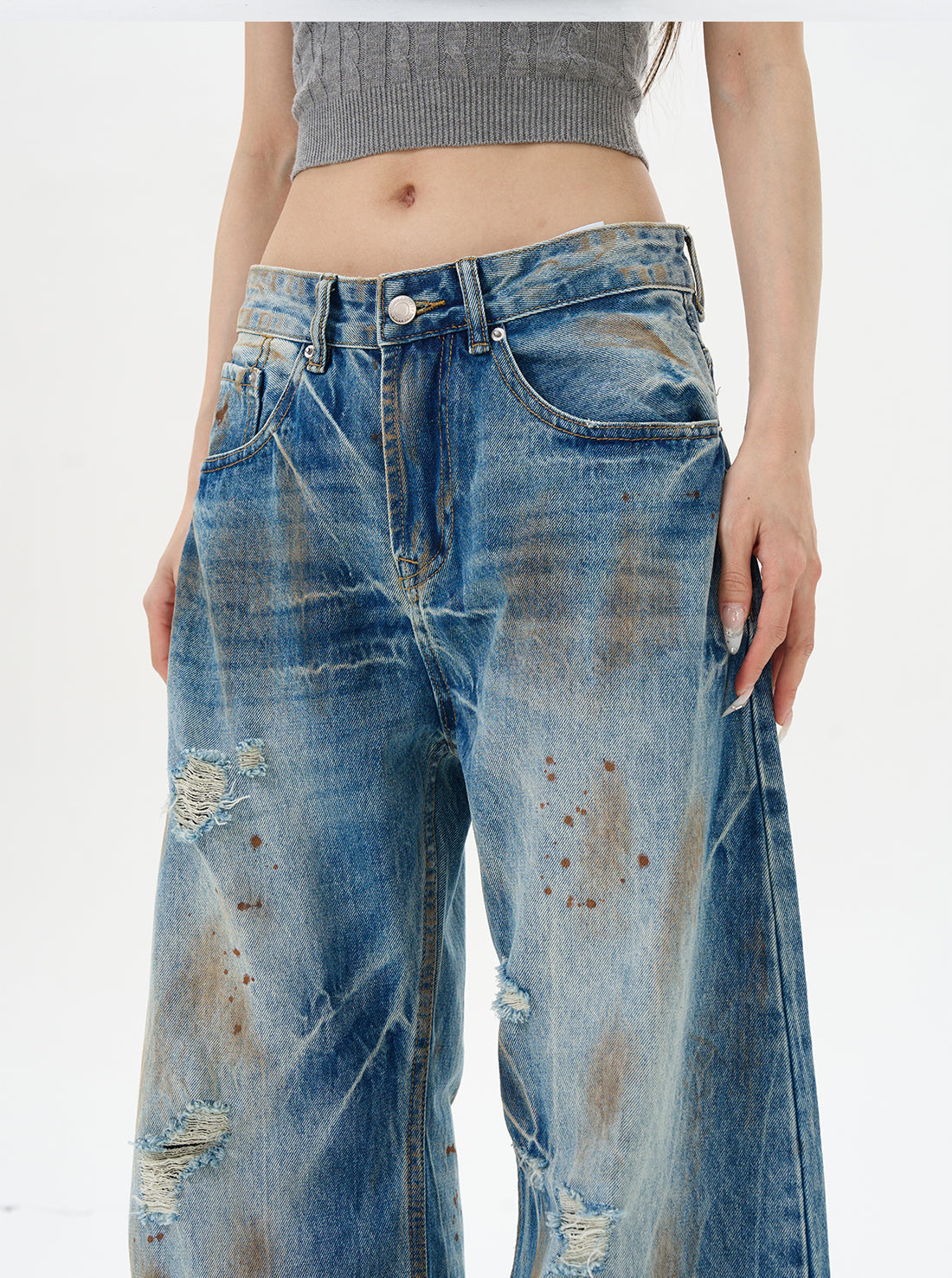 Distressed Wide Leg Denim Jeans