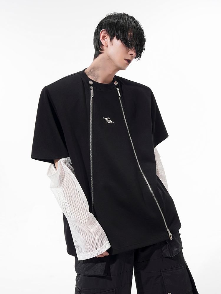 이중 전면 지퍼와 메시 슬리브 티셔츠