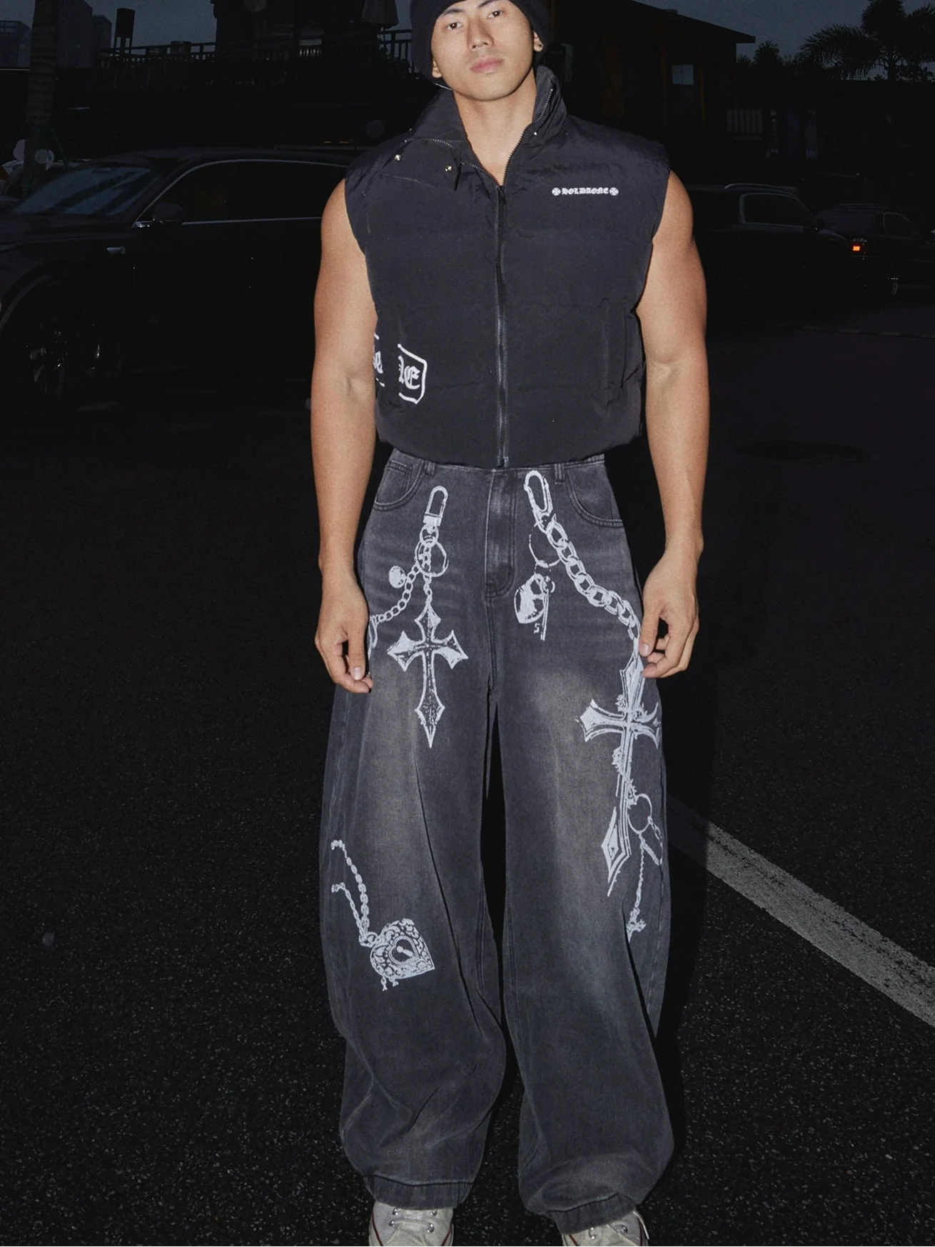 Crucifix Chain Graffiti Wide-Leg Jeans