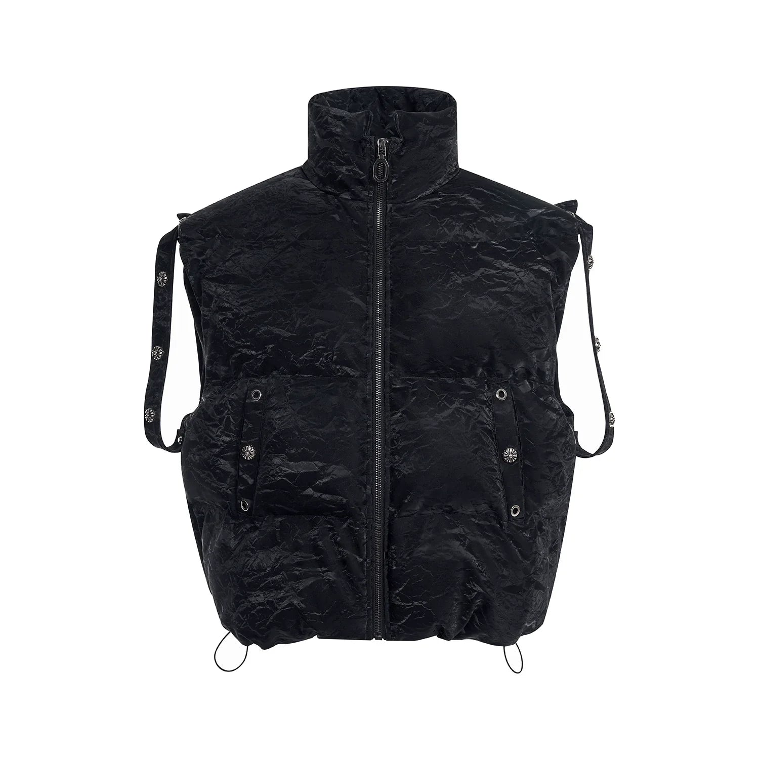 Textured Black Puffer Vest with Hardware Details and Grommet Straps