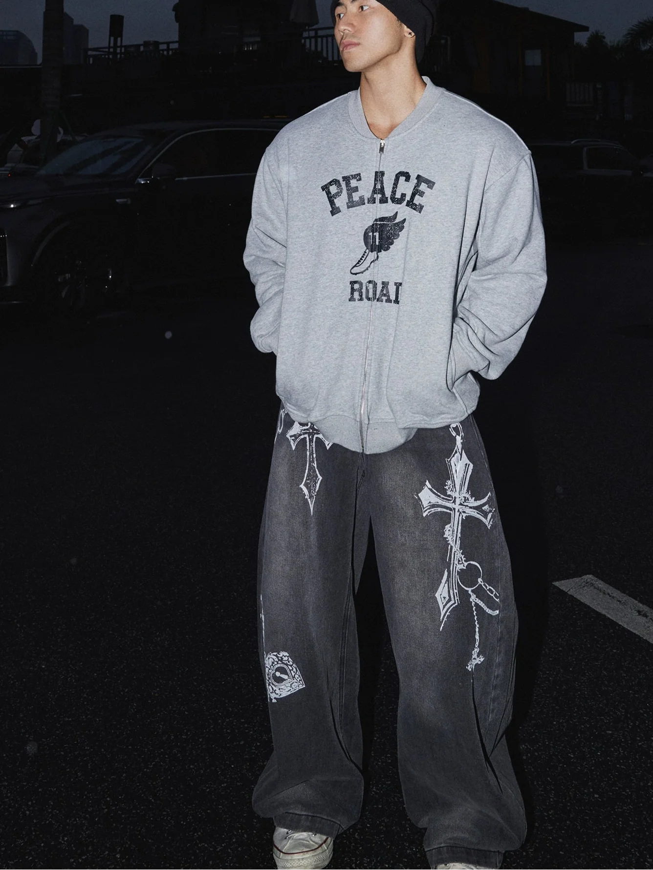 Crucifix Chain Graffiti Wide-Leg Jeans