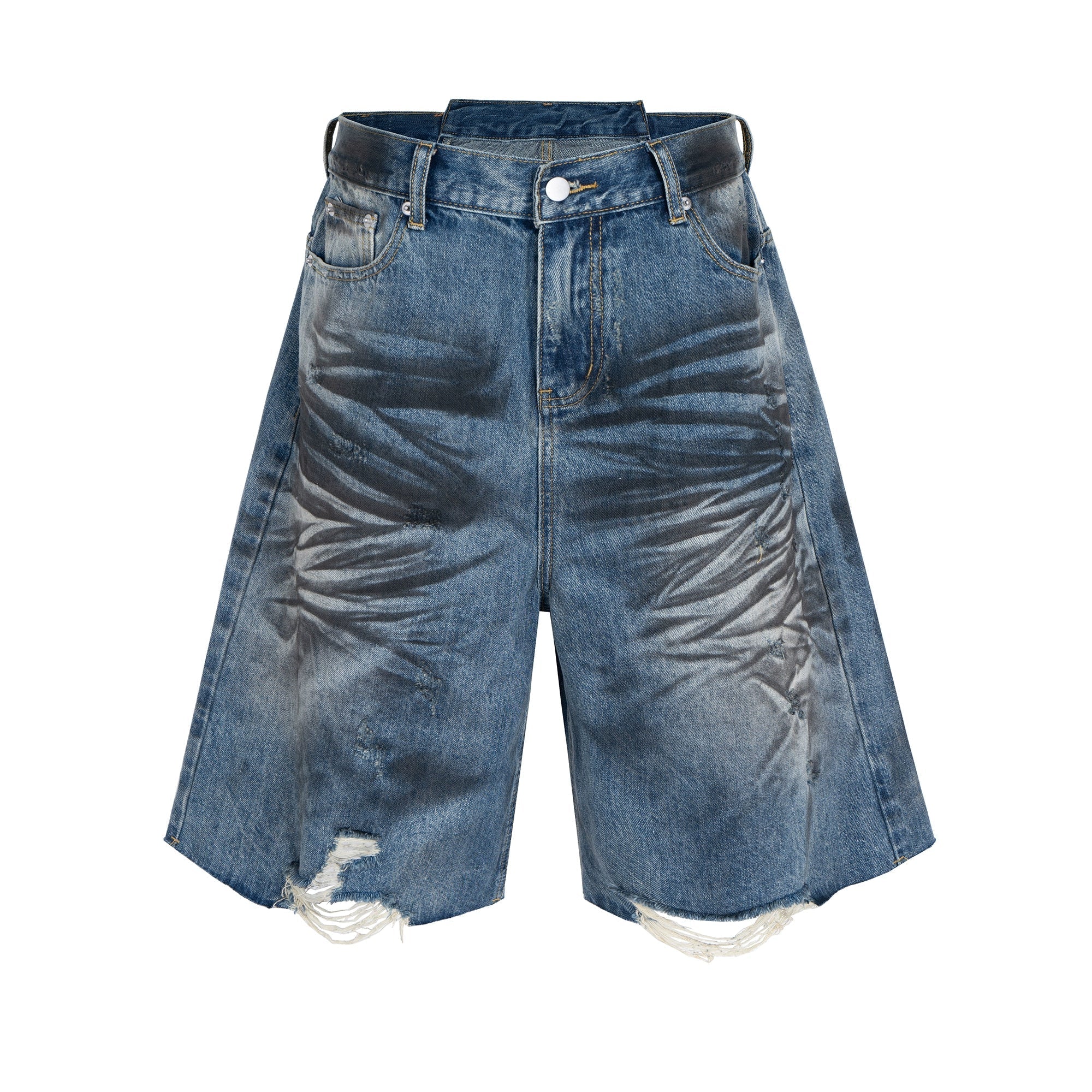 Distressed Palm Spray Denim Shorts