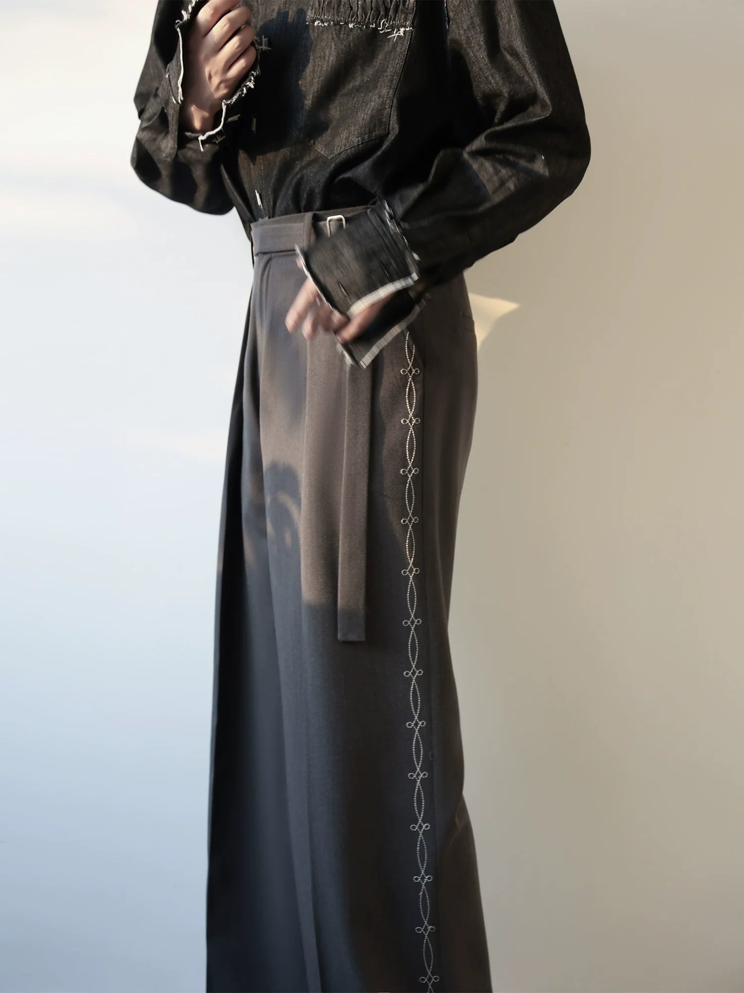 Embroidered Side Seam Wide Pants