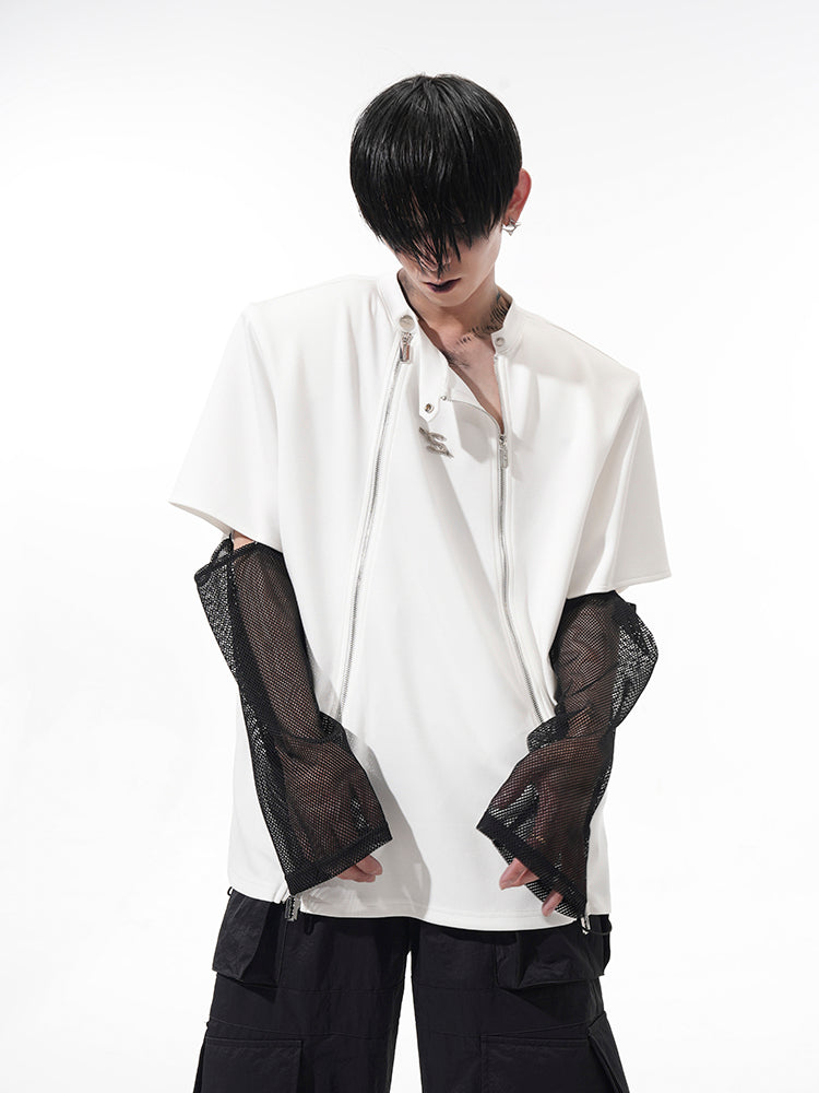 이중 전면 지퍼와 메시 슬리브 티셔츠