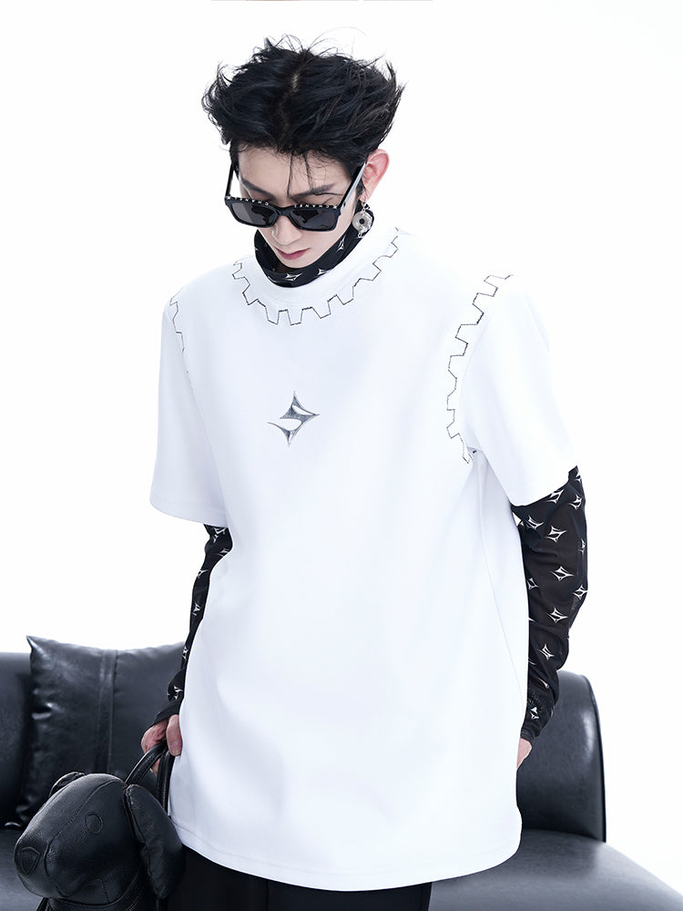 Mock Neck Layered Top with Geometric Pattern Details