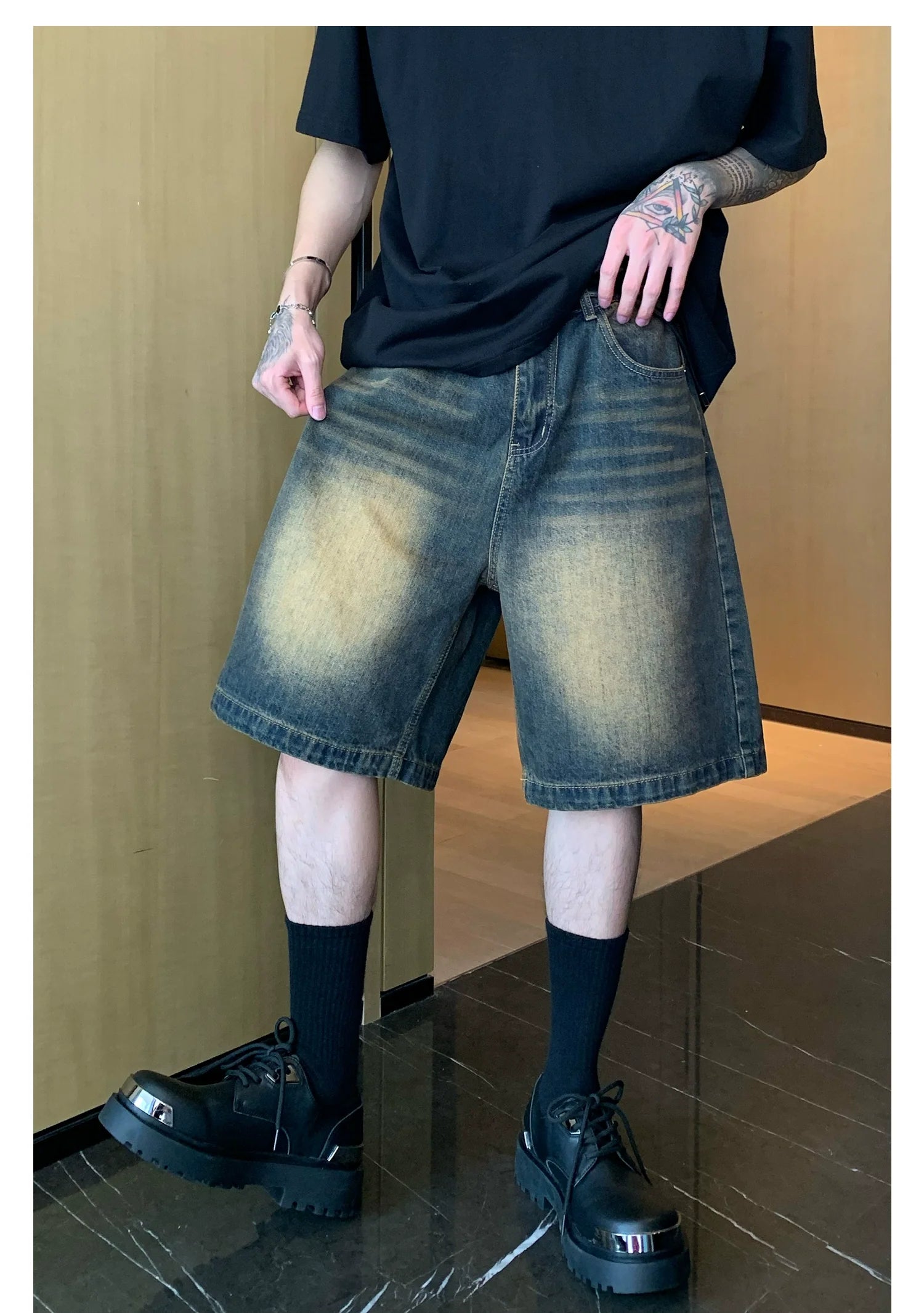 Faded Denim Shorts with Distressed Wash