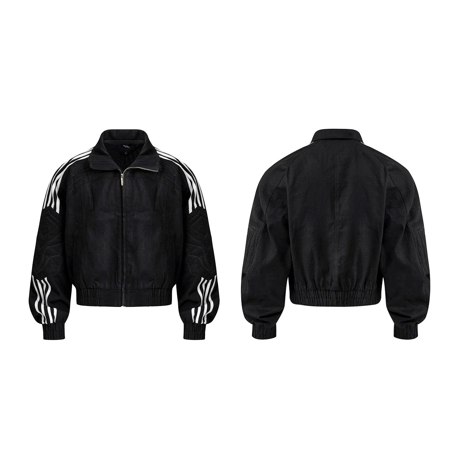 Black Zip Jacket and Wide-Leg Striped Pants Setup