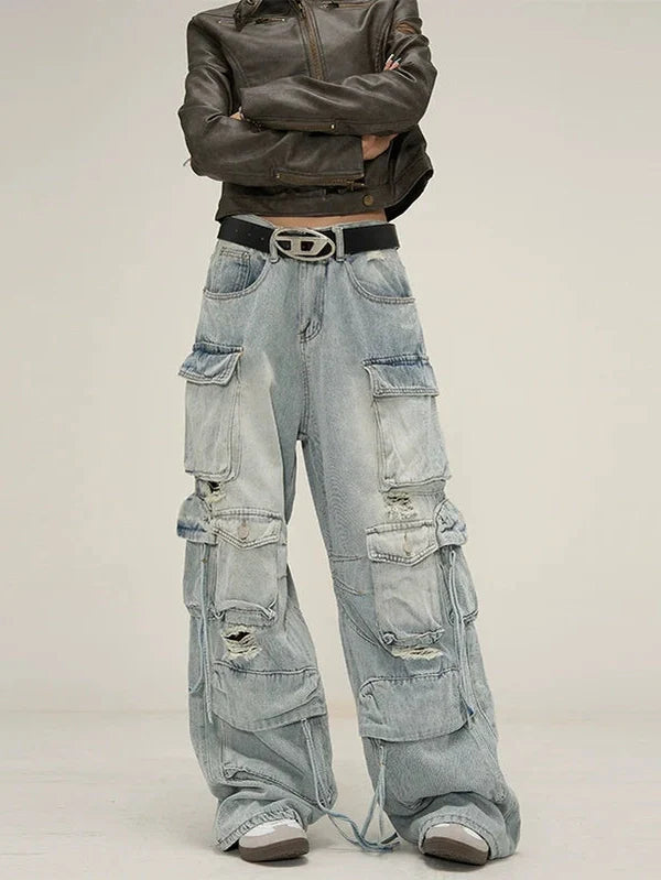 Edgy Wide-Leg Distressed Cargo Jeans - chiclara