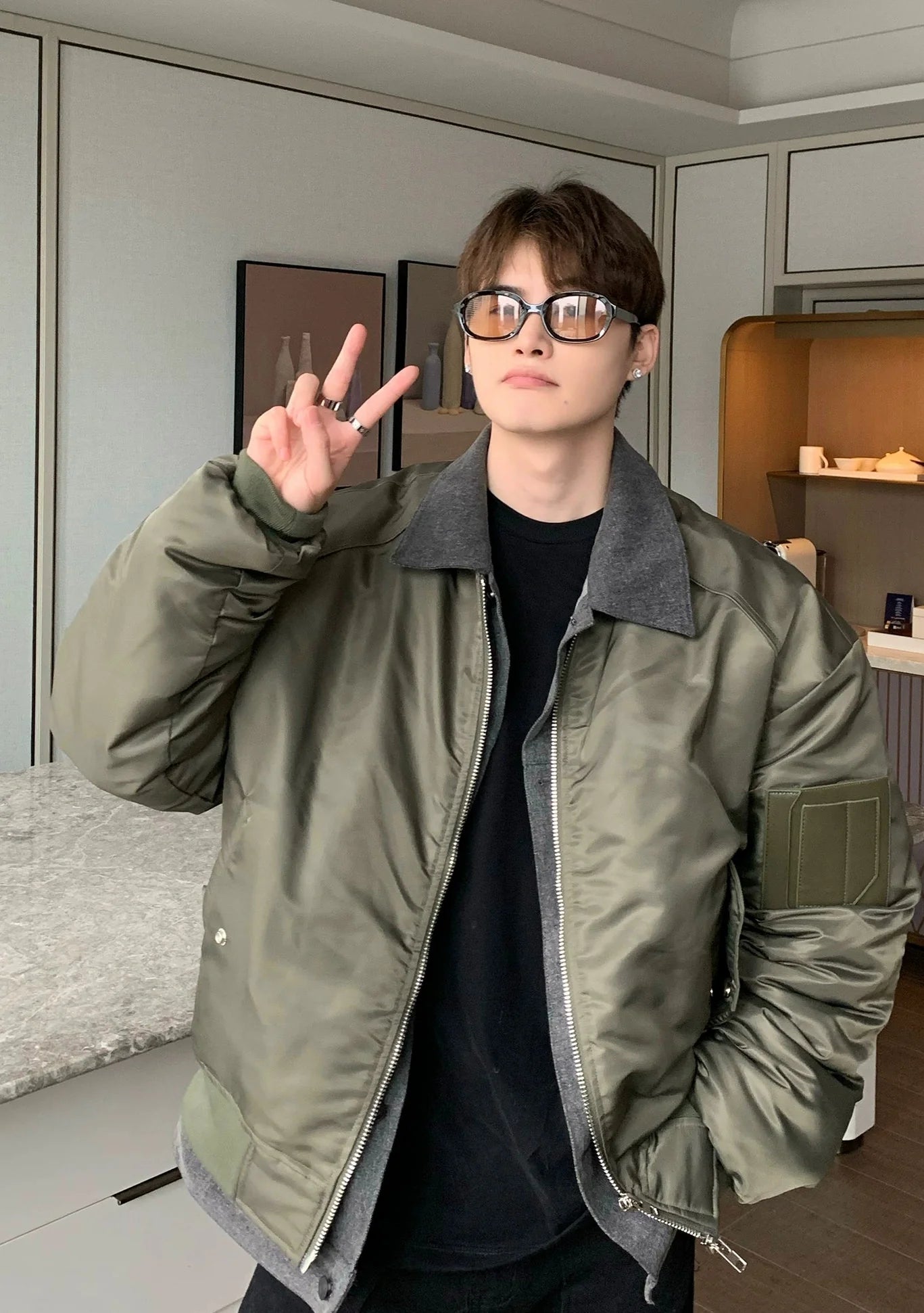 Bomber Jacket with Zipper Front and Ribbed Details