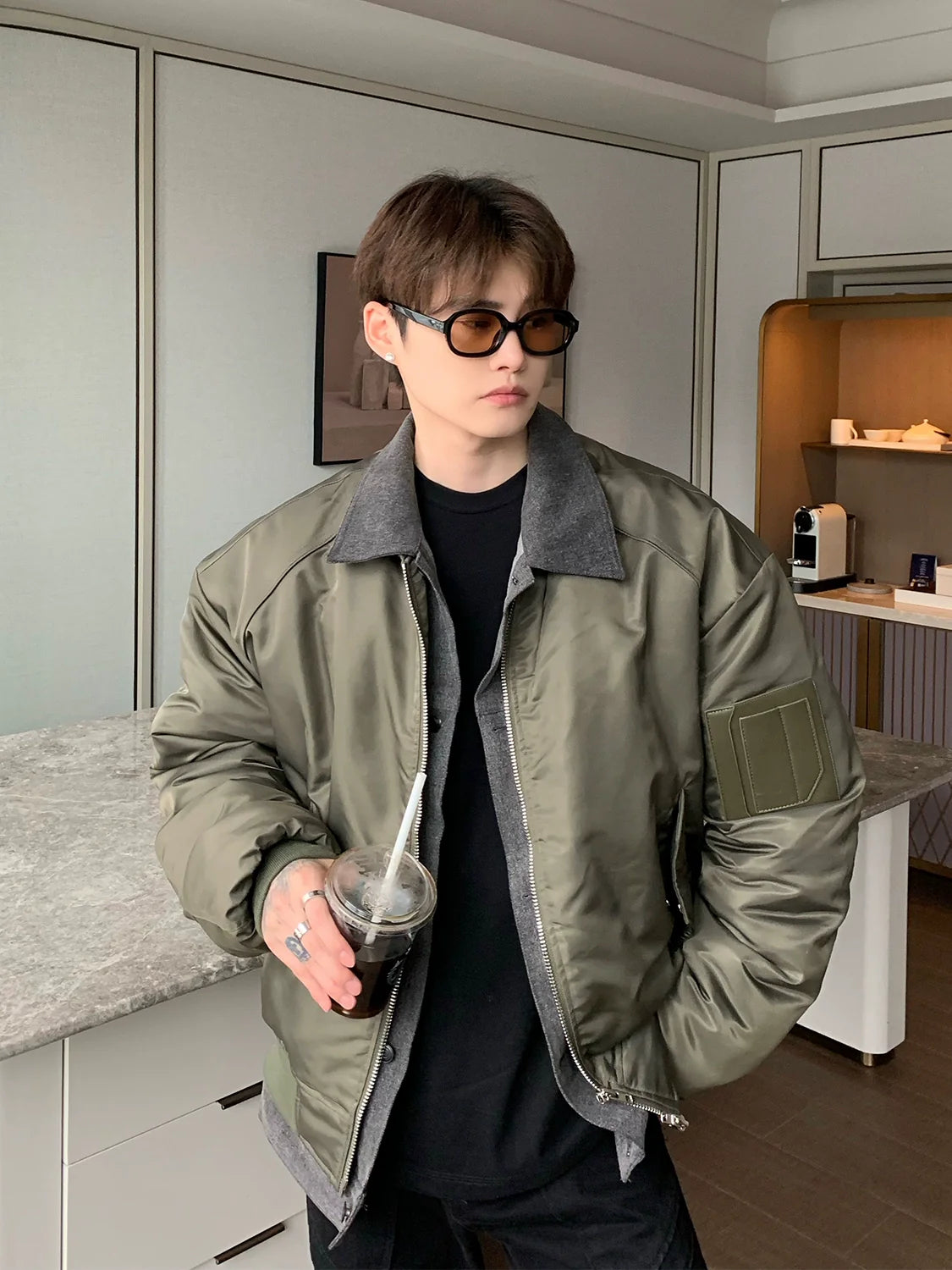 Bomber Jacket with Zipper Front and Ribbed Details