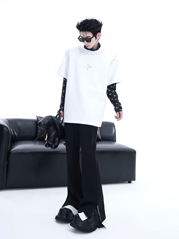 Mock Neck Layered Top with Geometric Pattern Details