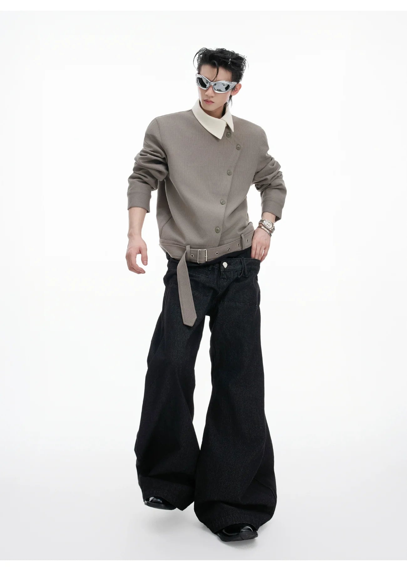 Asymmetrical Buttoned Jacket with Wide Collar and Belt