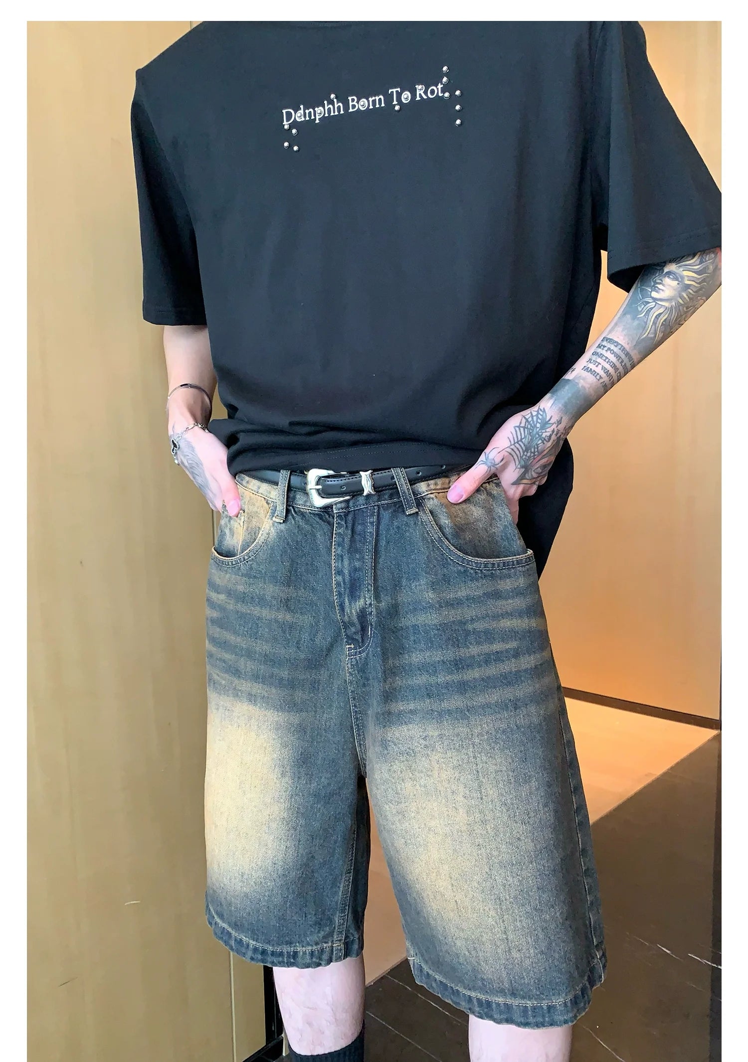 Faded Denim Shorts with Distressed Wash