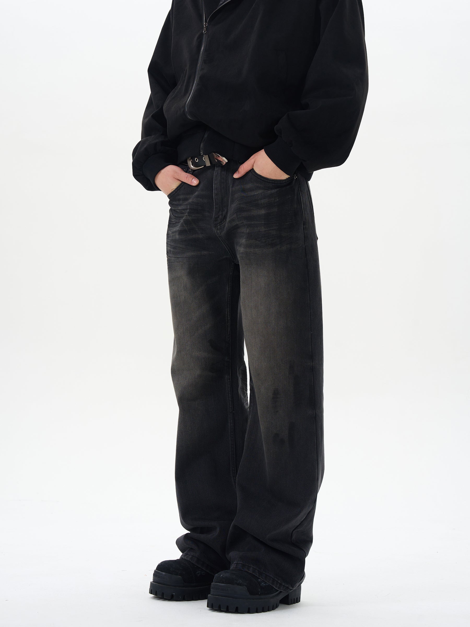 Washed Black Straight Loose Jeans