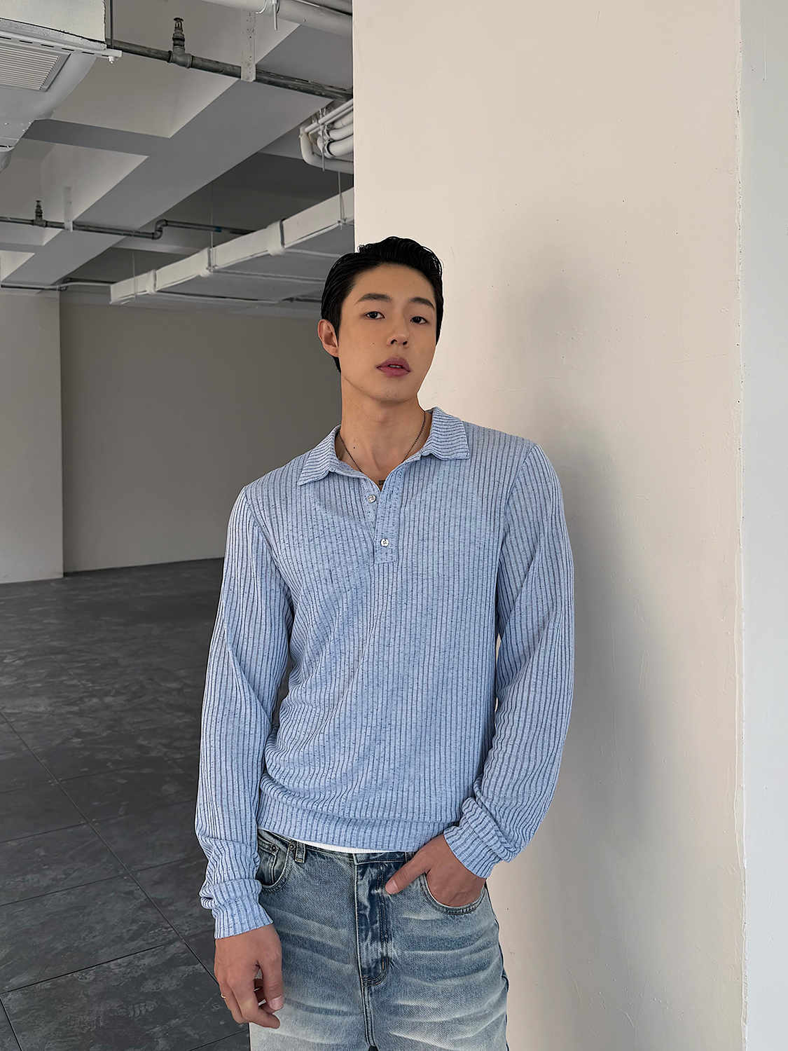 Light Blue Ribbed Polo Knit Shirt