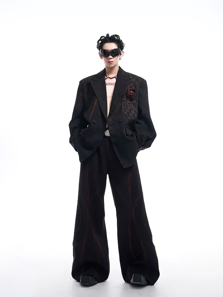 Black Floral Lapel Jacket and Wide Leg Pants Setup