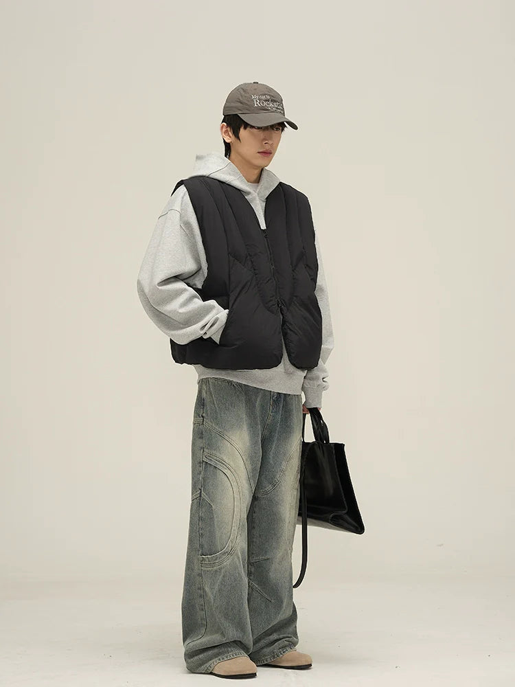 Wide-Leg Vintage Washed Jeans with Curved Stitching