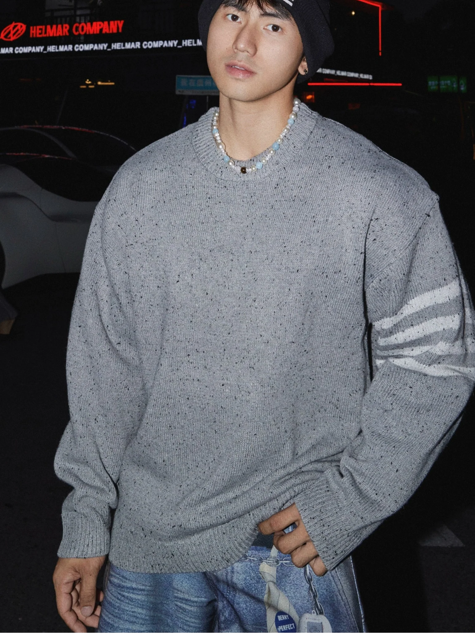 Granite Fleck Stripe-Sleeve Knit Sweater