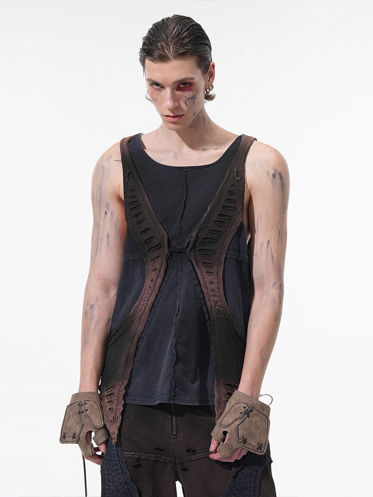 Deconstructed Patchwork Denim Sweatshirt Tank Top and Pants Setup