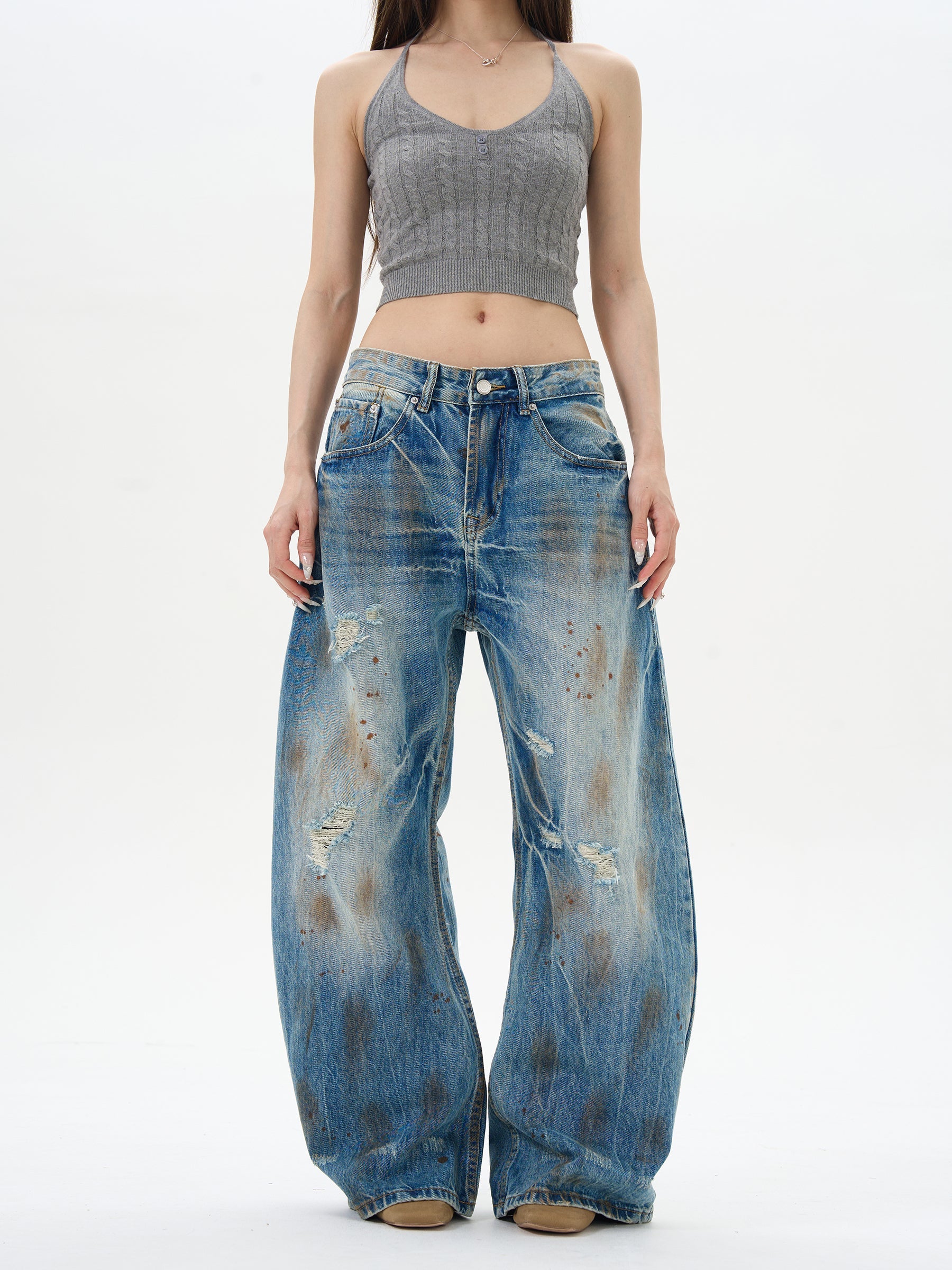 Distressed Wide Leg Denim Jeans