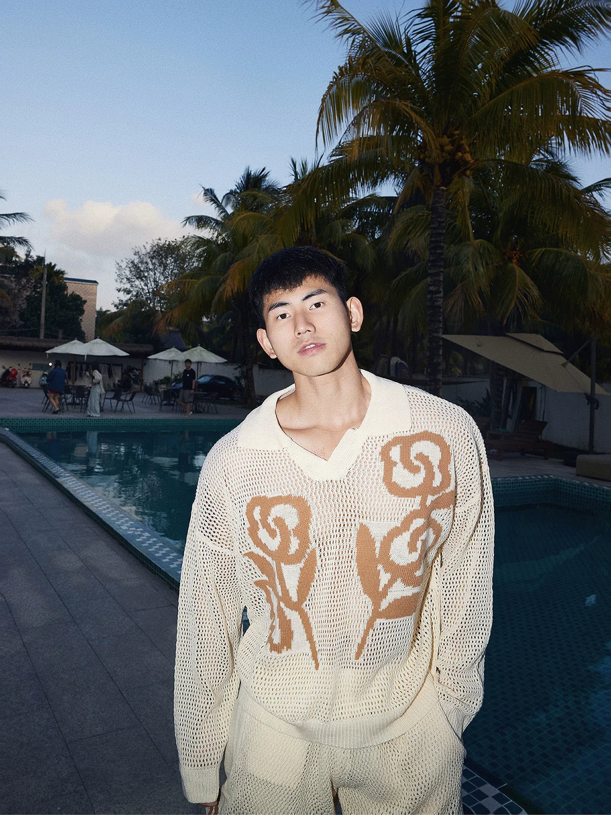 Cream Mesh Print Sweater and Shorts Set