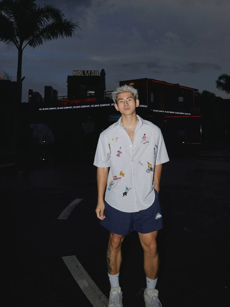 Cartoon Embroidered Check Shirt