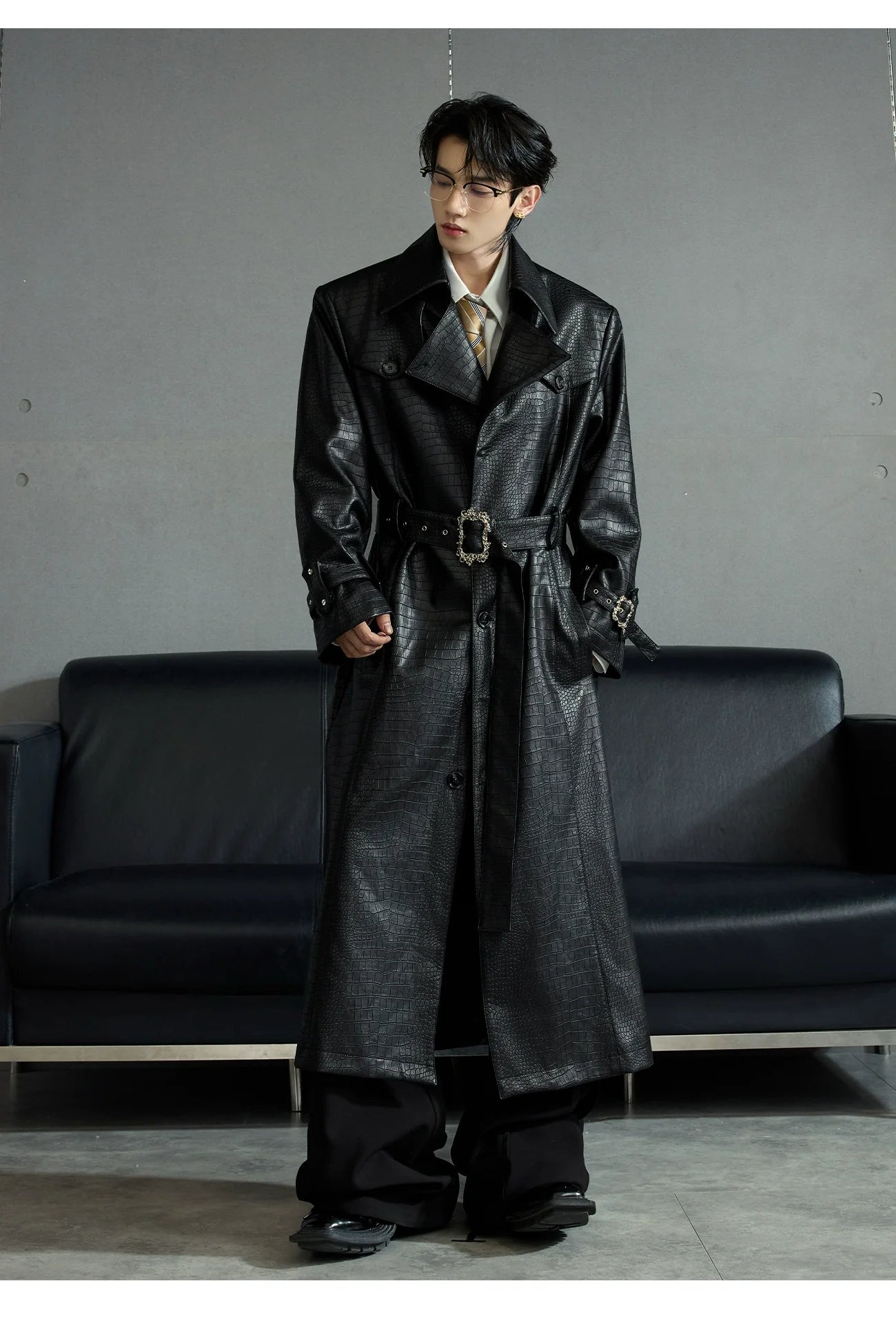 Crocodile Pattern Black Trench Coat