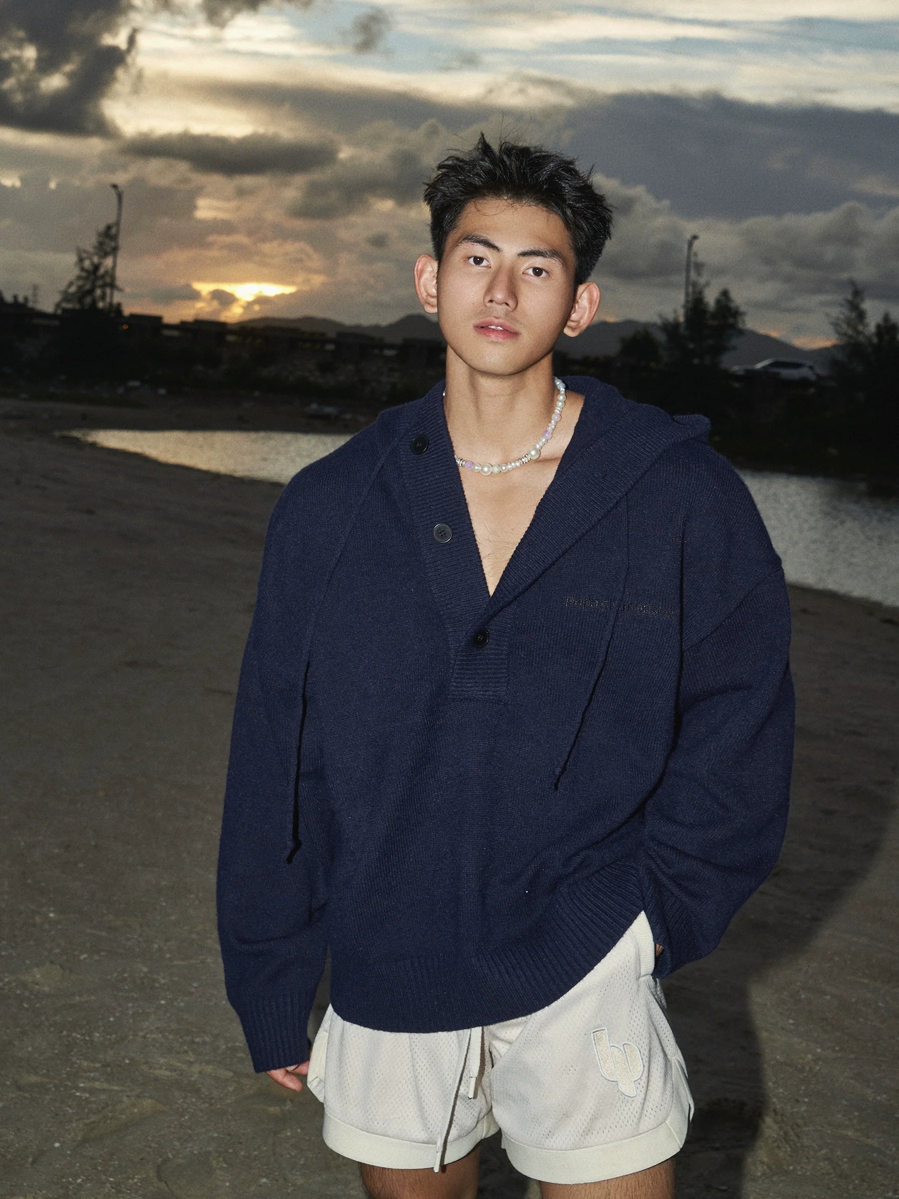 Blue Knit Hooded Henley Sweater